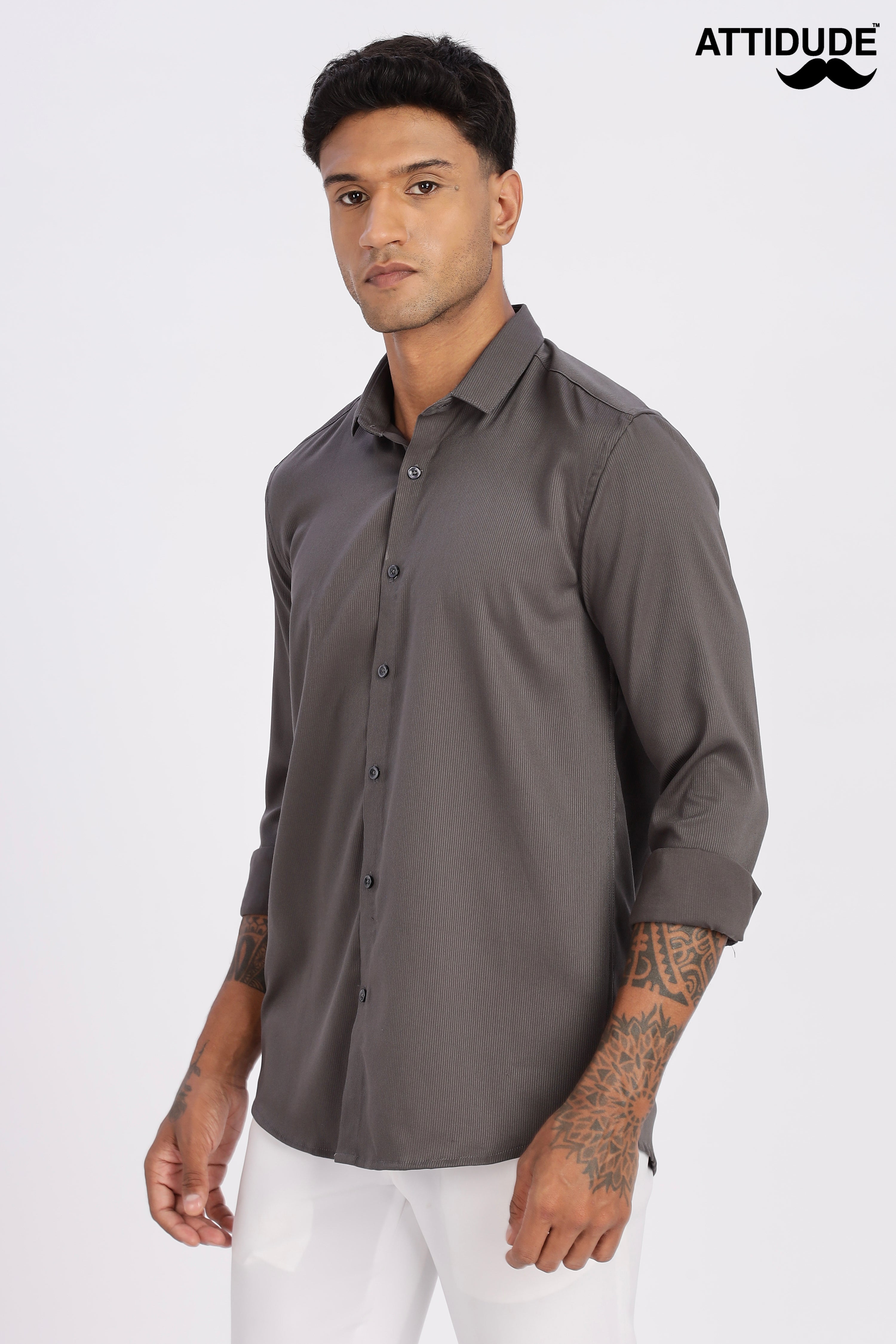 Charcoal Grey Mini Cord-Lycra Full Sleeve Shirt