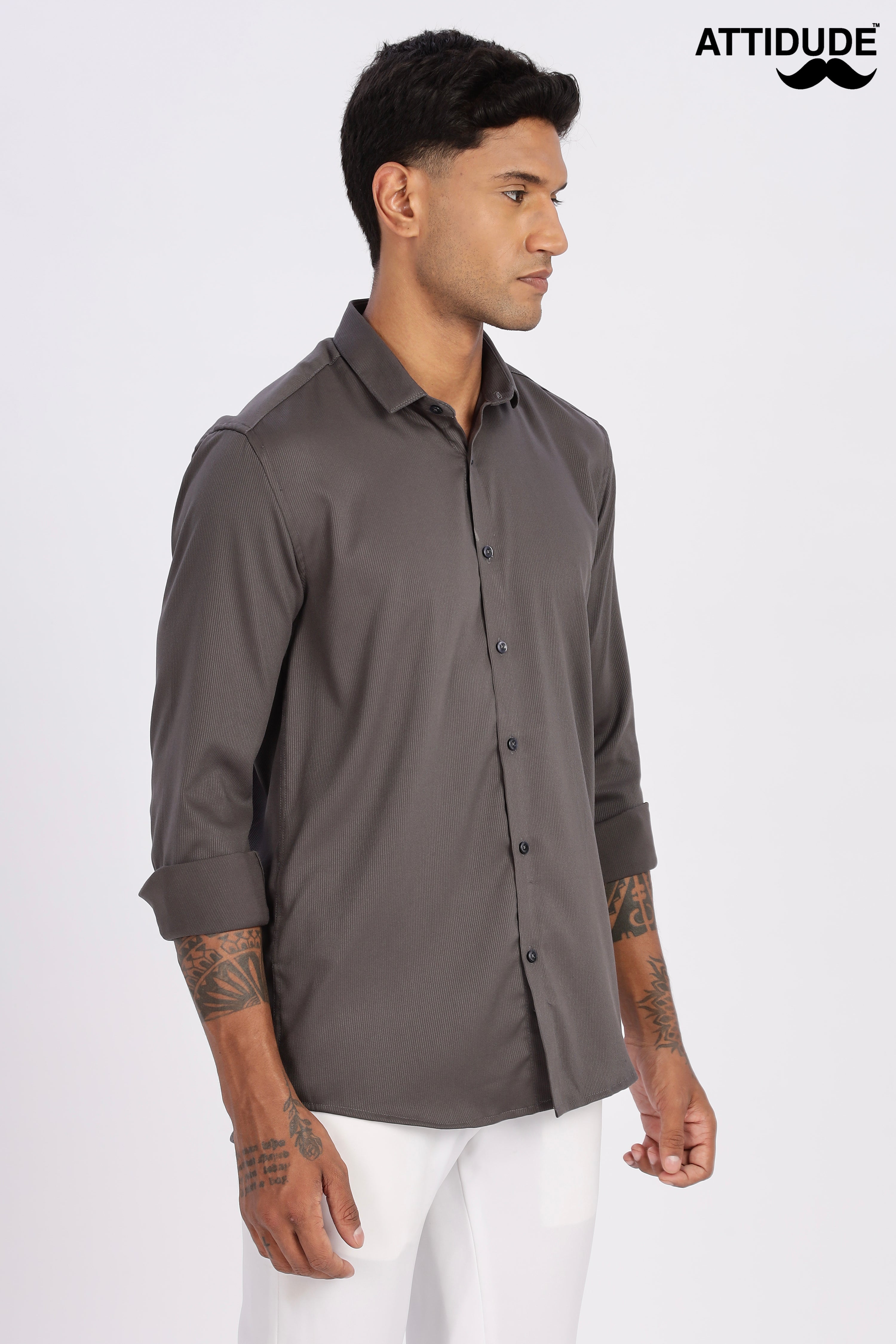 Charcoal Grey Mini Cord-Lycra Full Sleeve Shirt