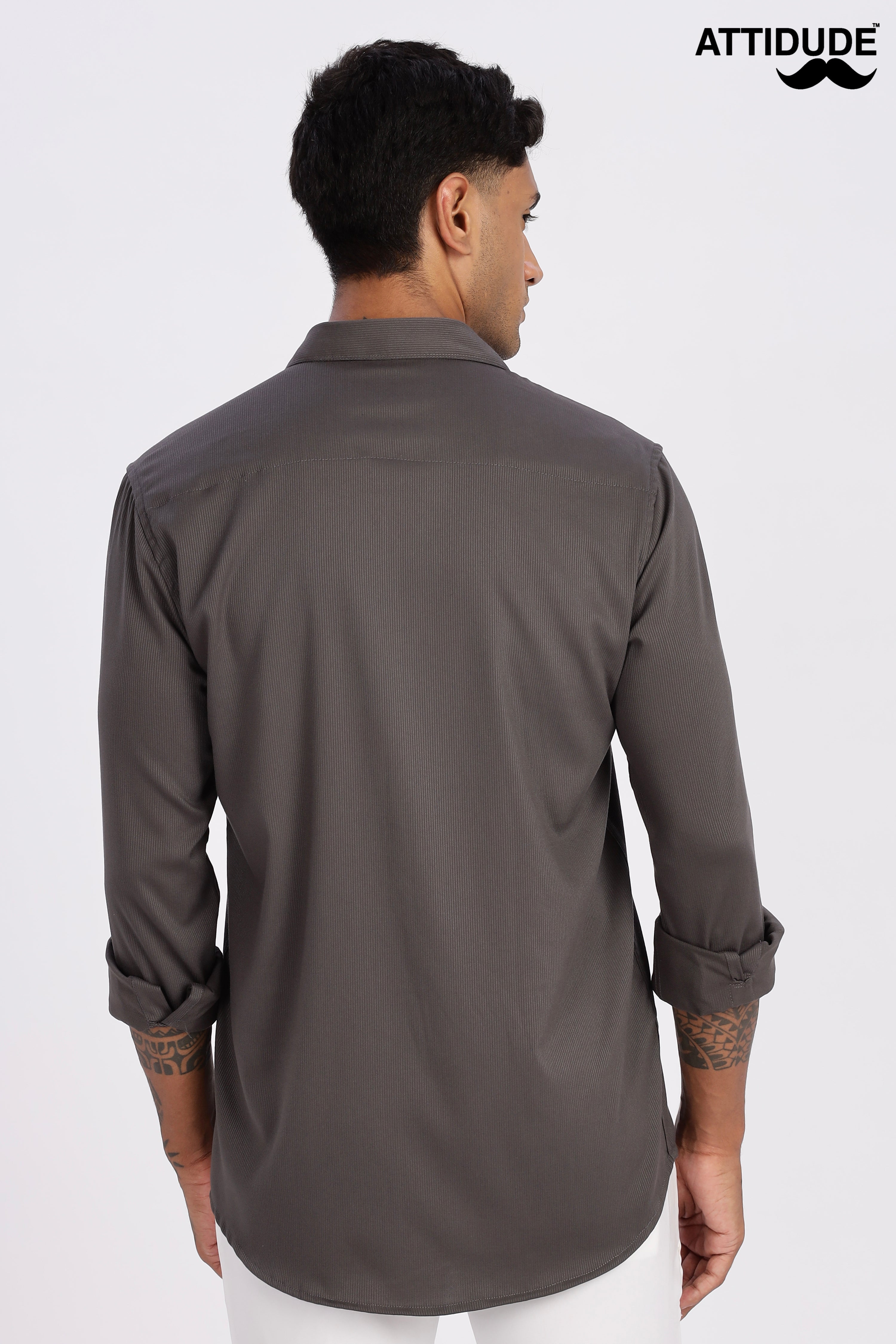 Charcoal Grey Mini Cord-Lycra Full Sleeve Shirt