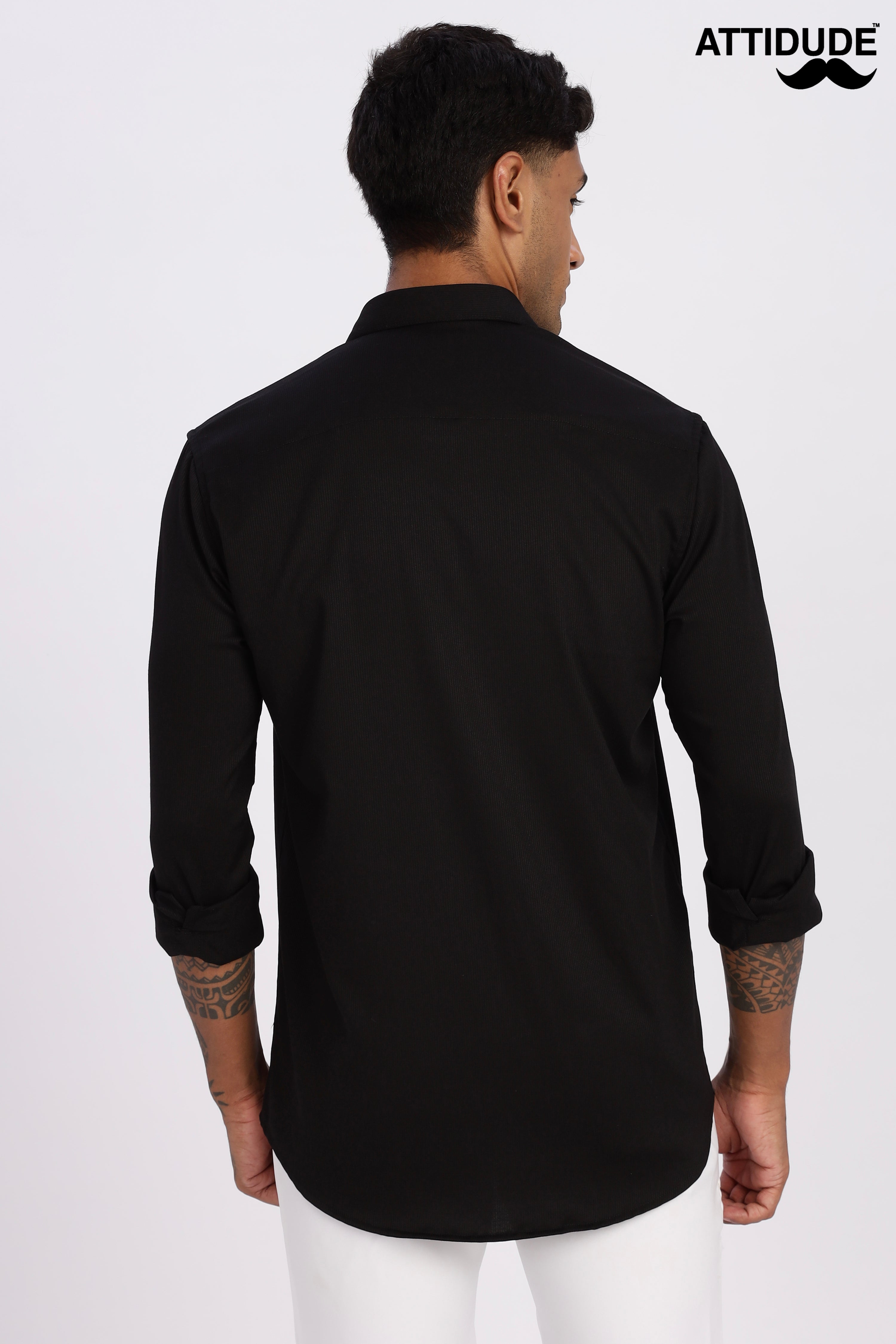 Black Mini Cord-Lycra Full Sleeve Shirt