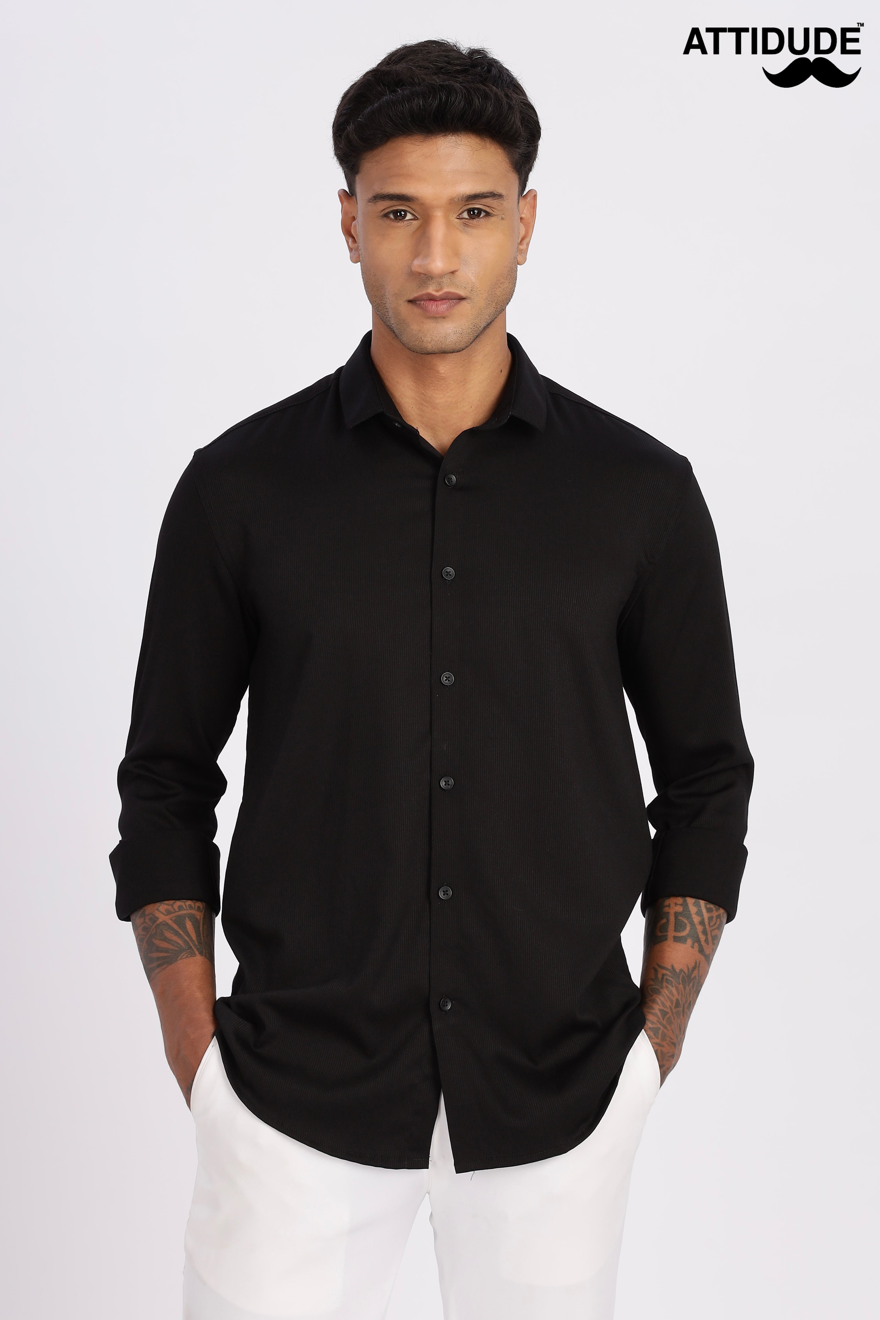 Black Mini Cord-Lycra Full Sleeve Shirt