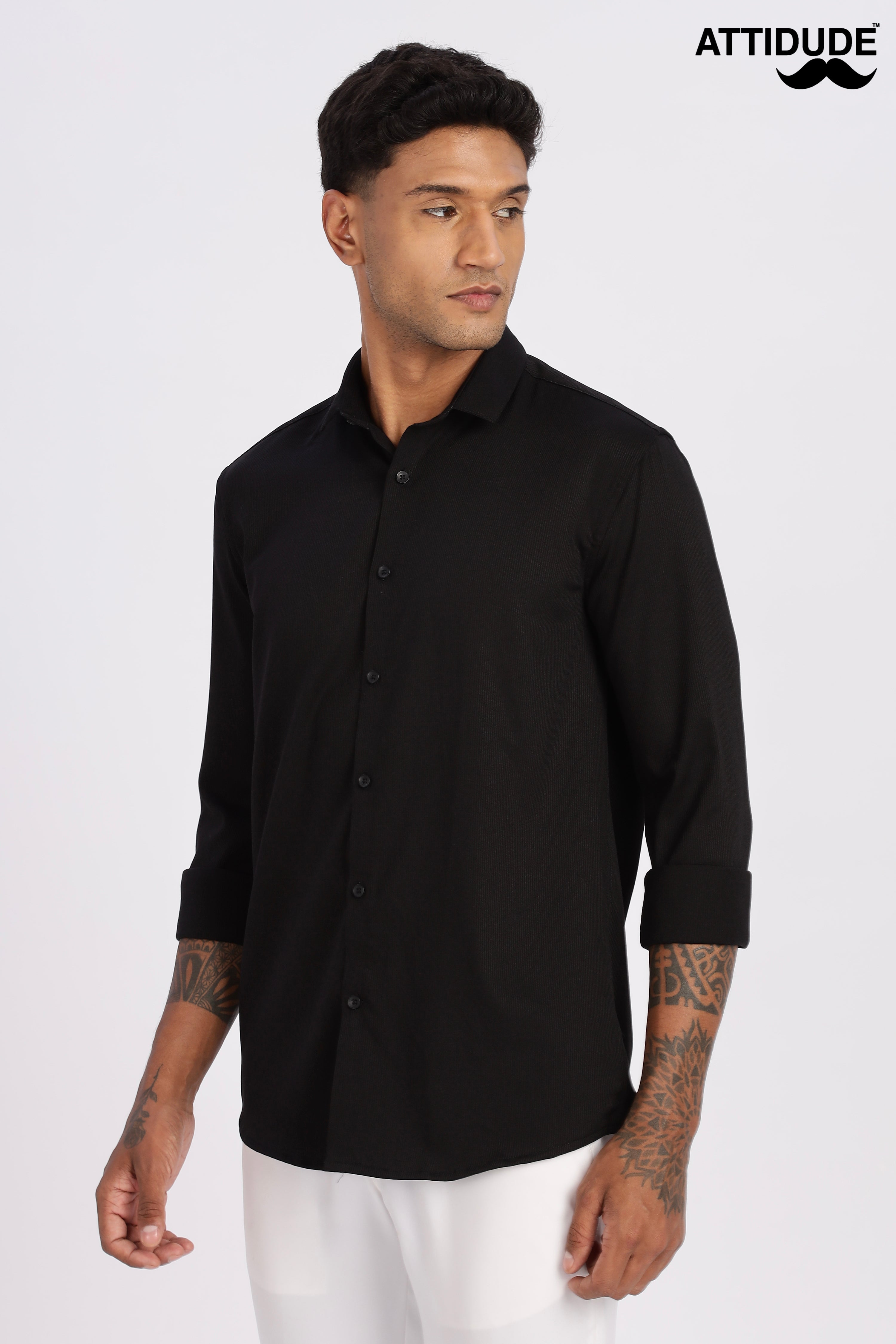 Black Mini Cord-Lycra Full Sleeve Shirt