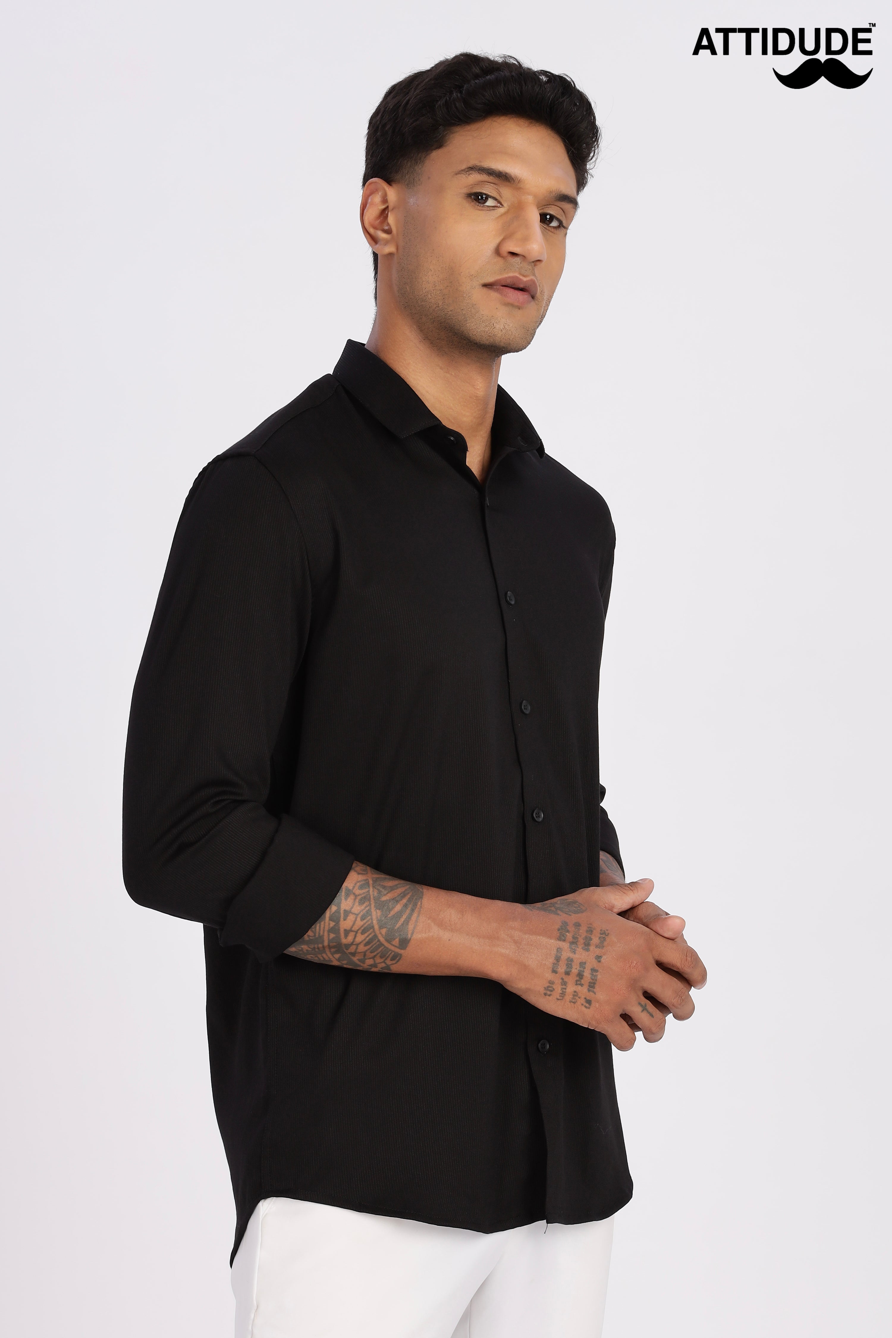 Black Mini Cord-Lycra Full Sleeve Shirt