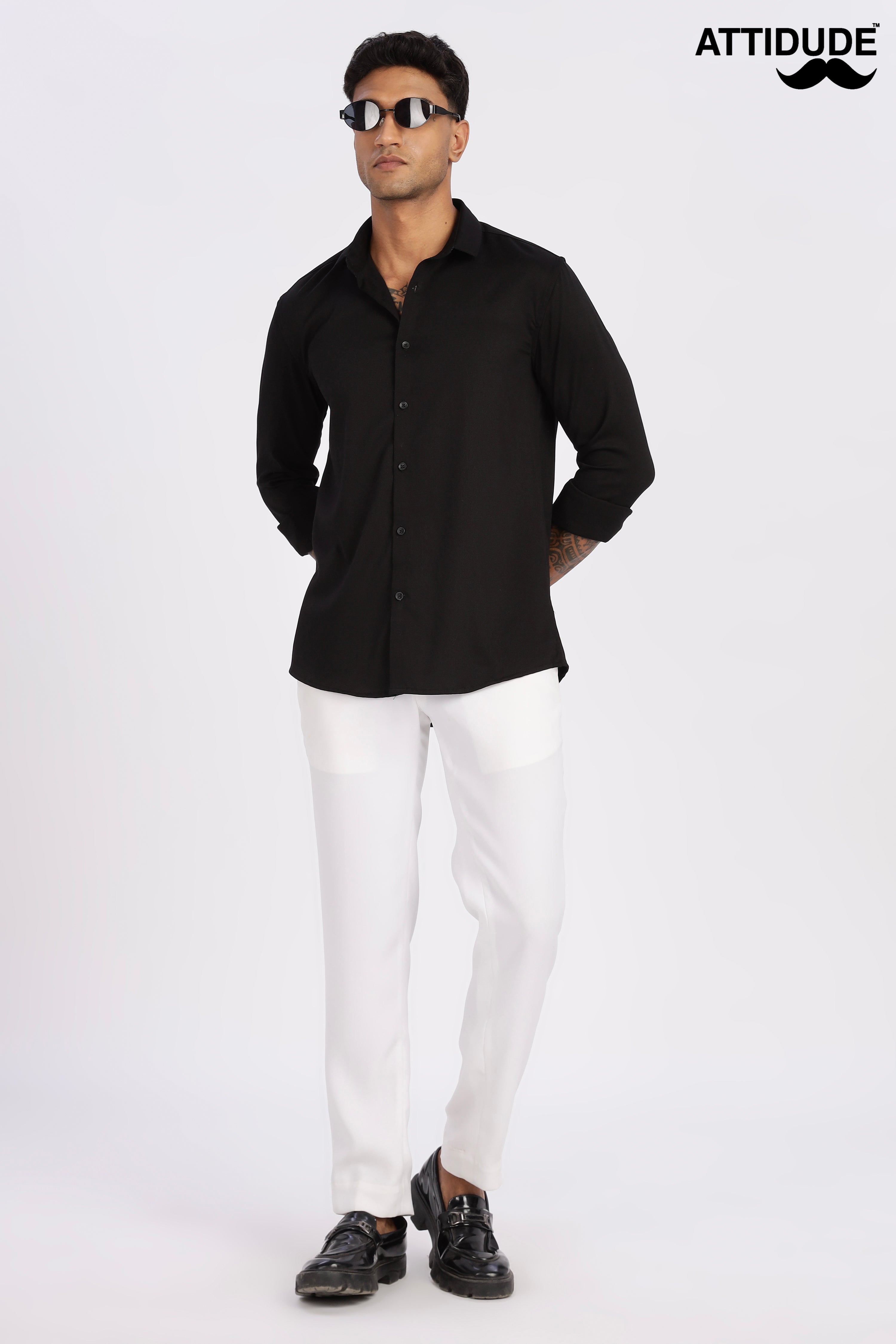 Black Mini Cord-Lycra Full Sleeve Shirt
