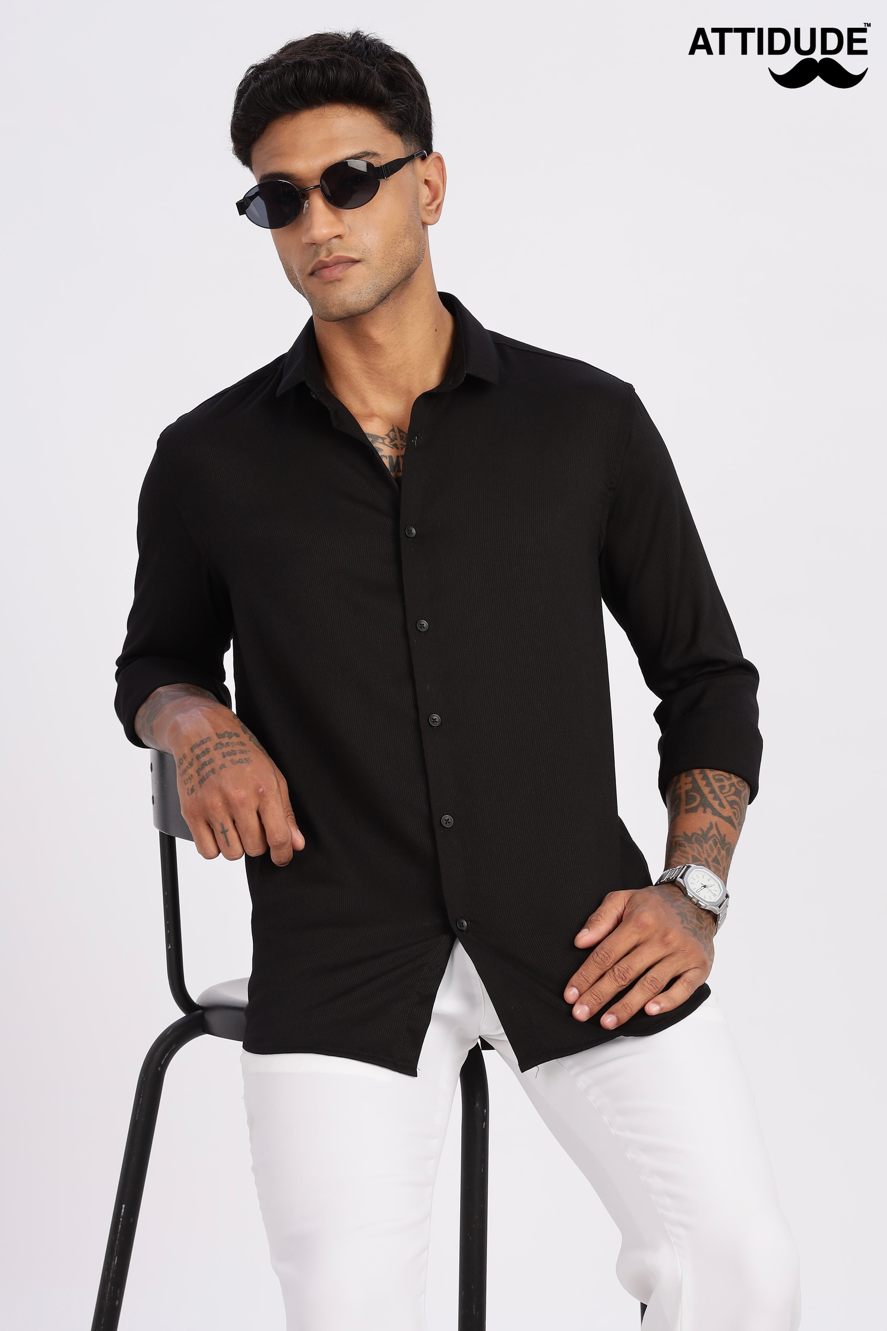 Black Mini Cord-Lycra Full Sleeve Shirt