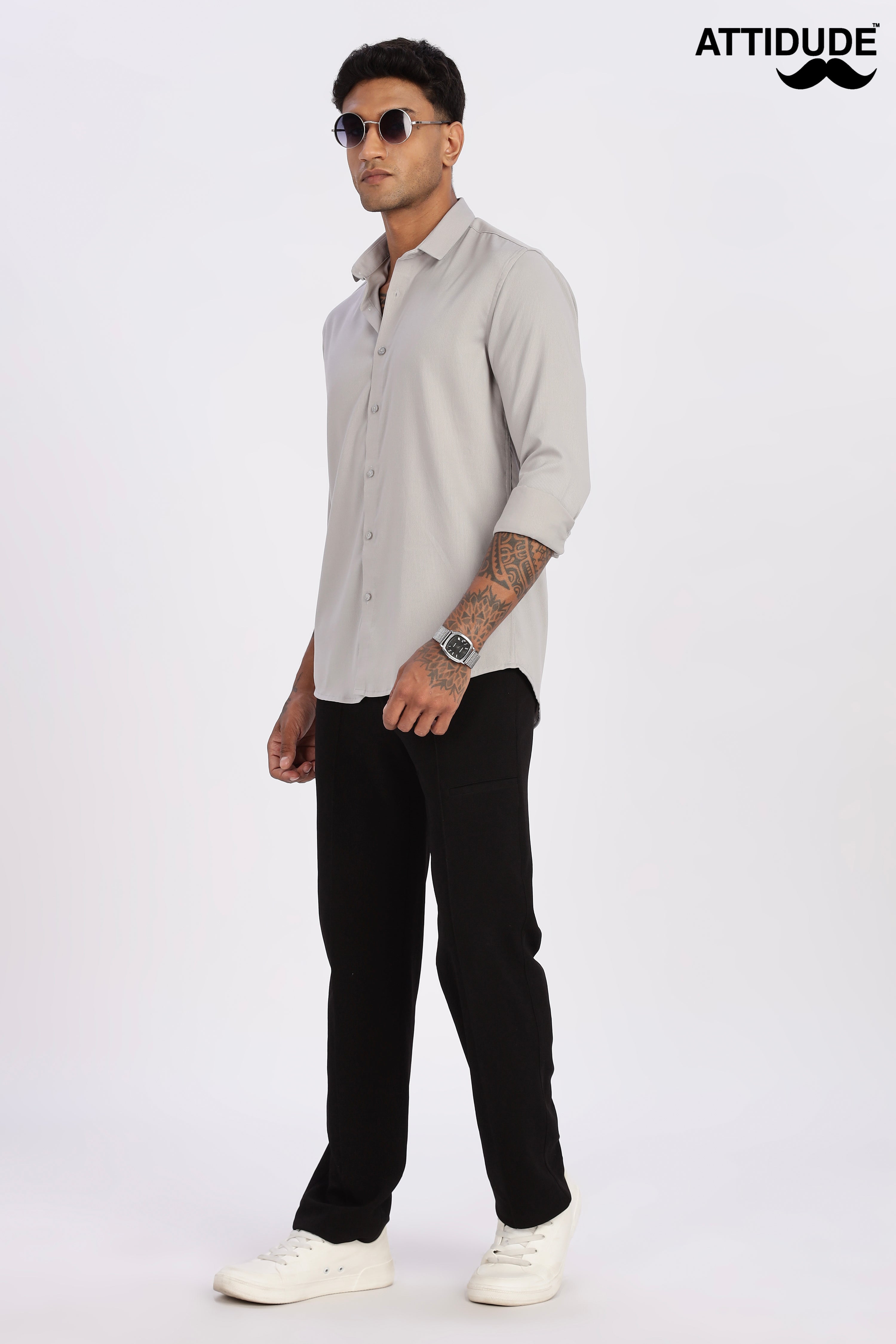 Light Grey Mini Cord-Lycra Full Sleeve Shirt