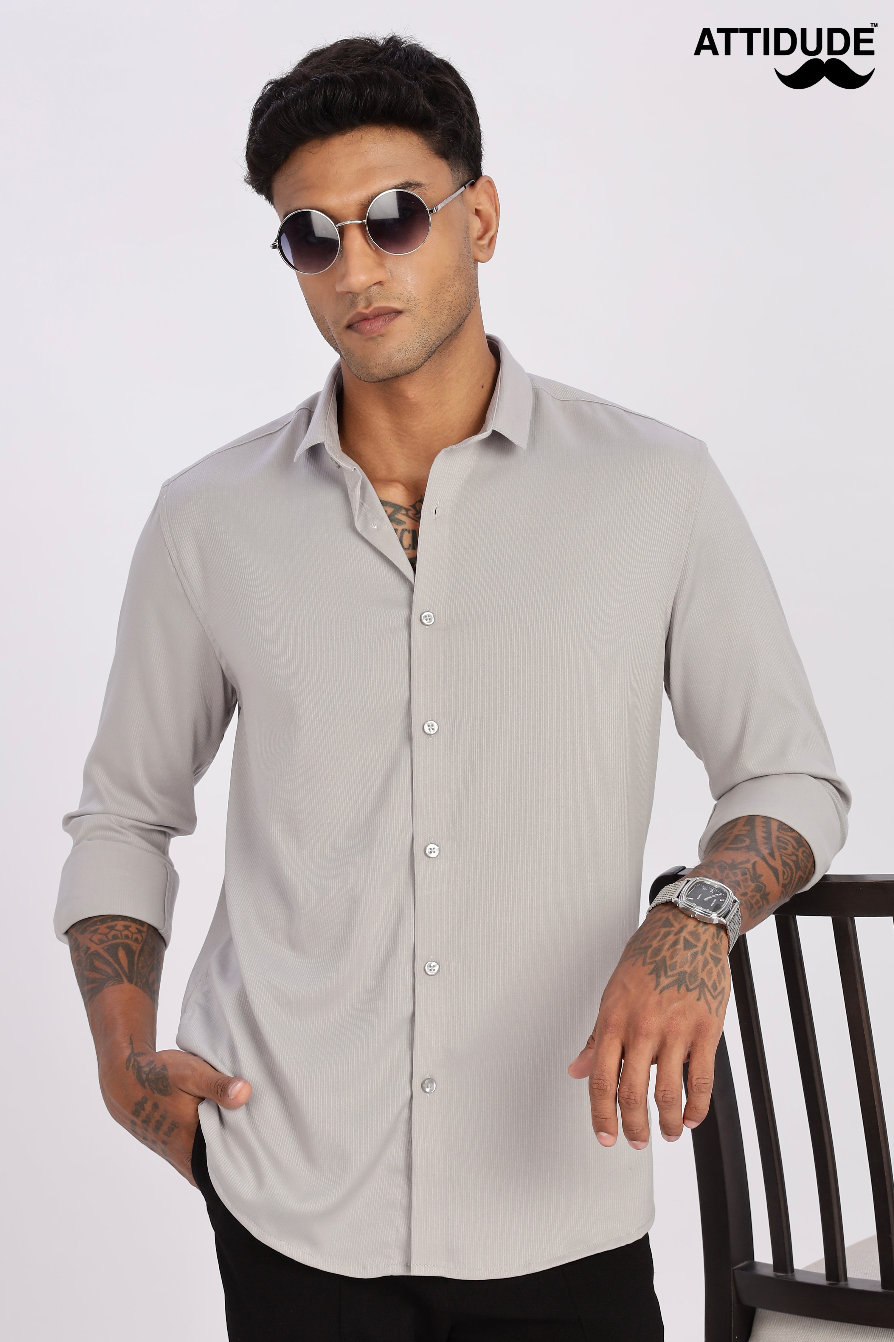 Light Grey Mini Cord-Lycra Full Sleeve Shirt