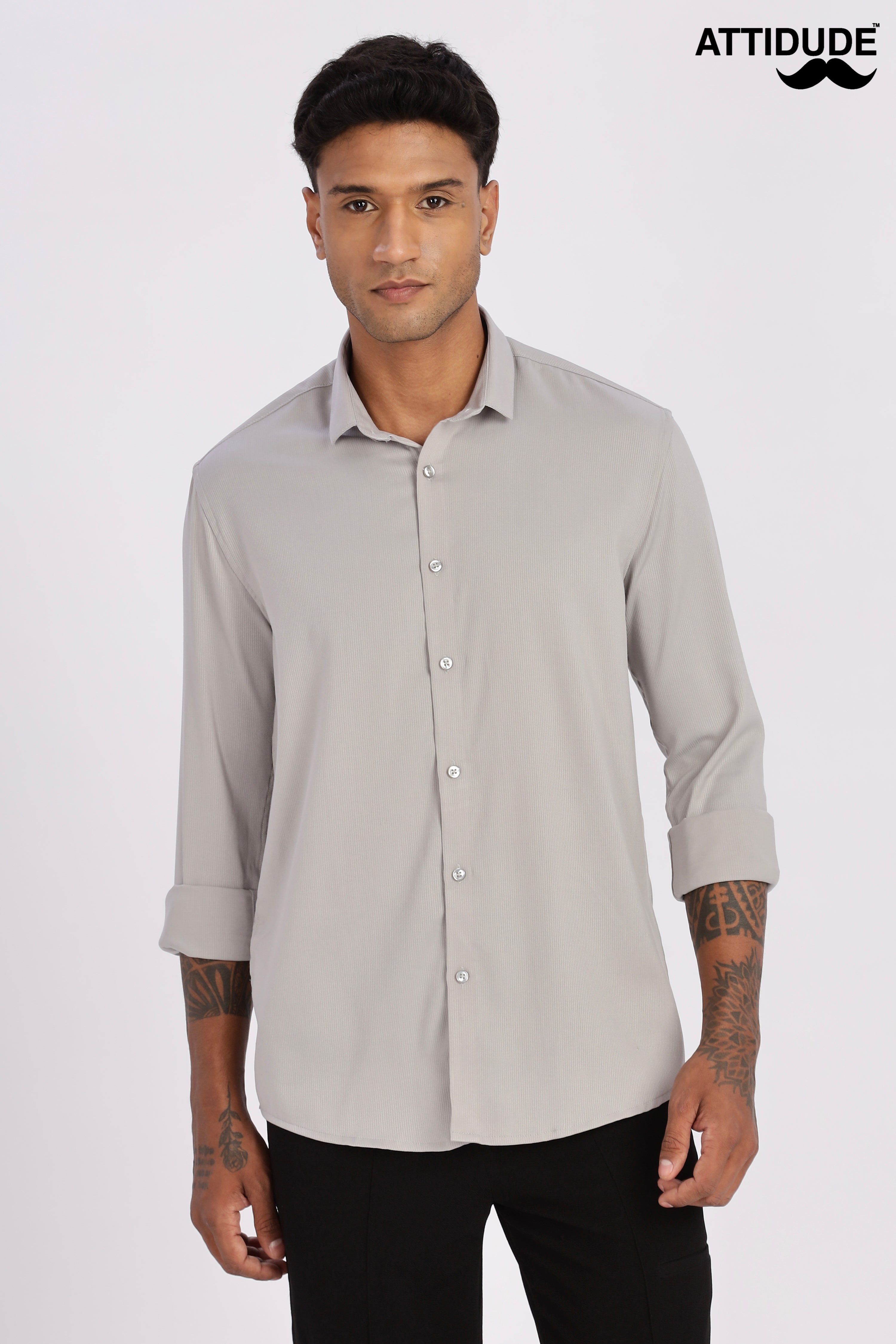 Light Grey Mini Cord-Lycra Full Sleeve Shirt