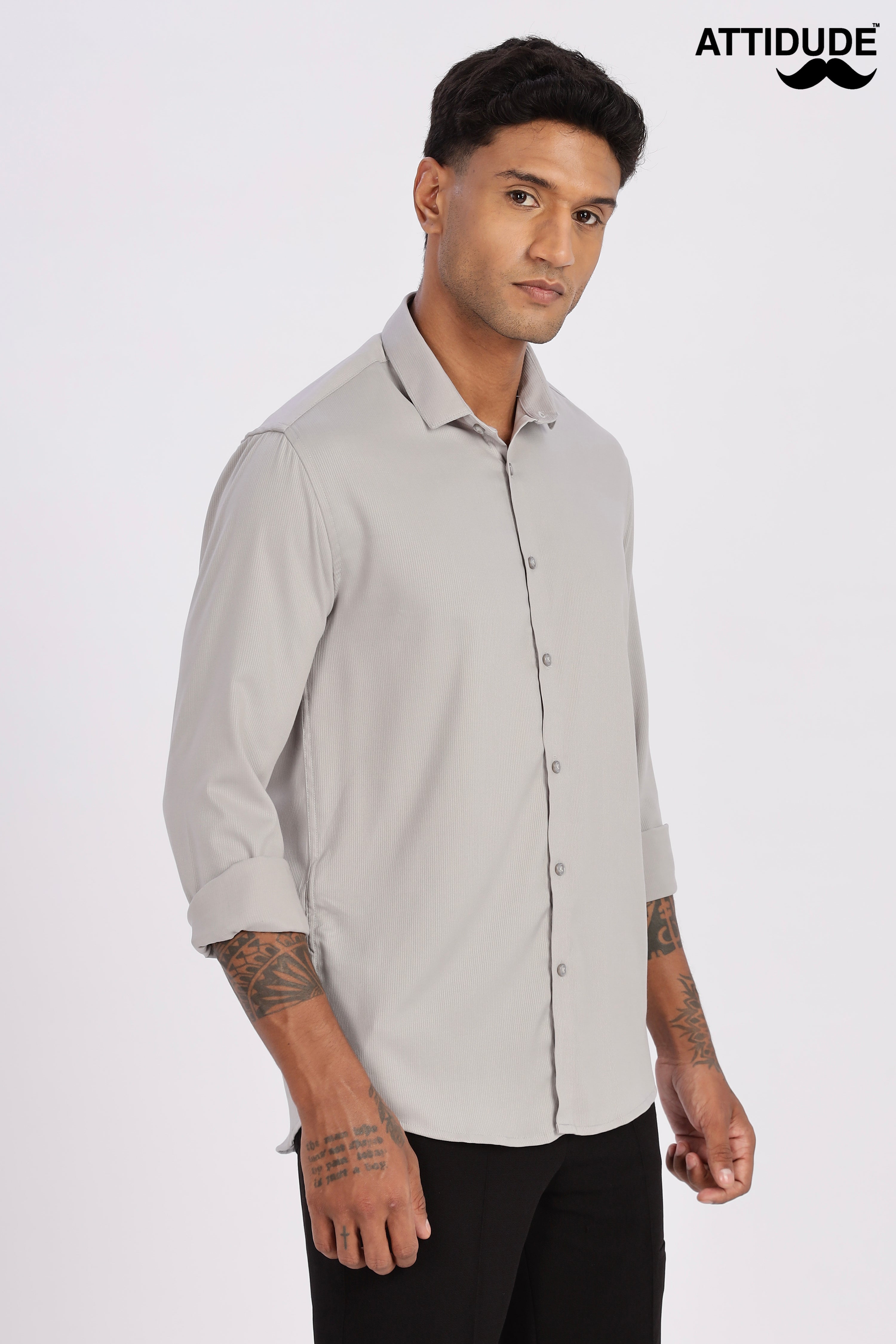Light Grey Mini Cord-Lycra Full Sleeve Shirt