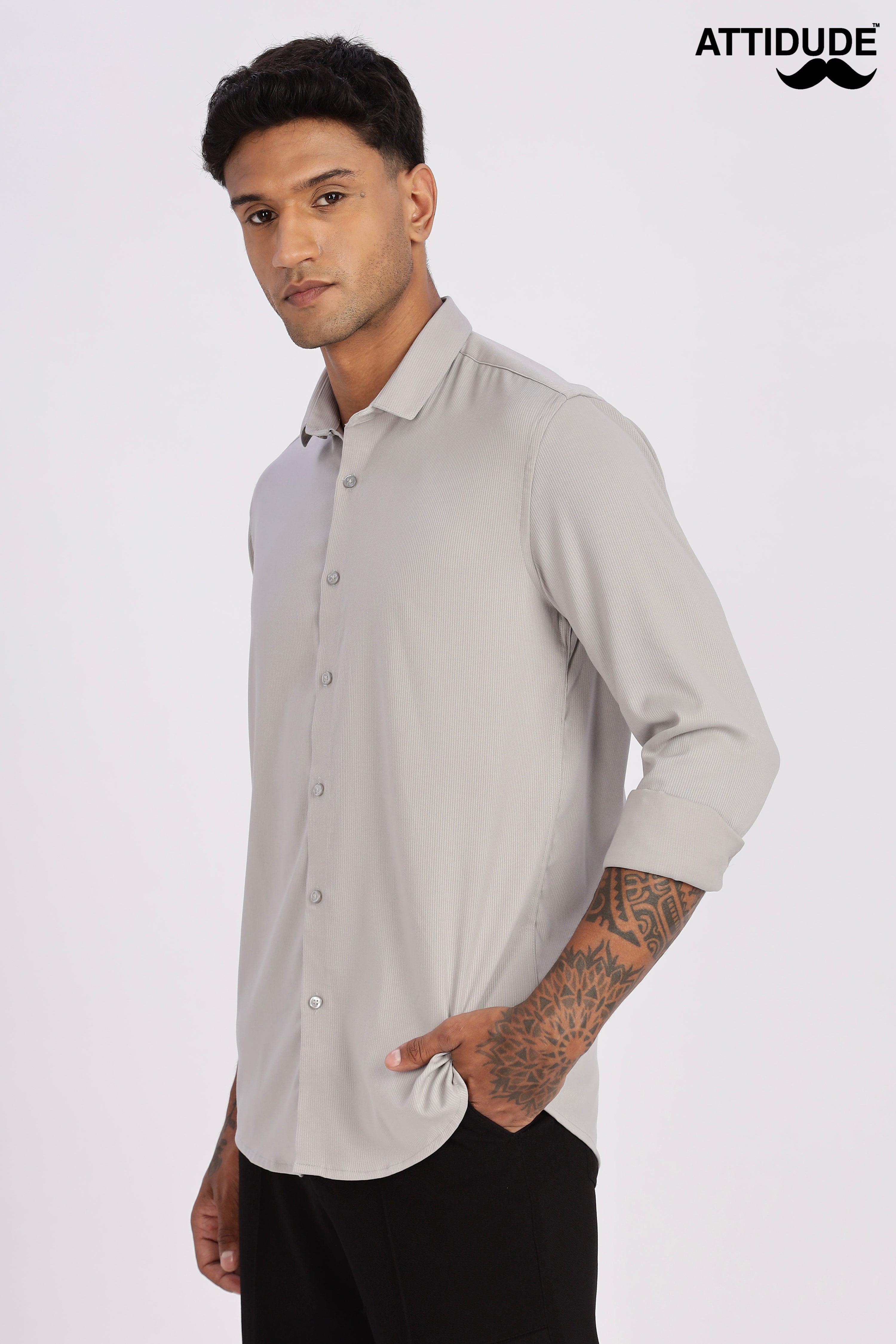 Light Grey Mini Cord-Lycra Full Sleeve Shirt
