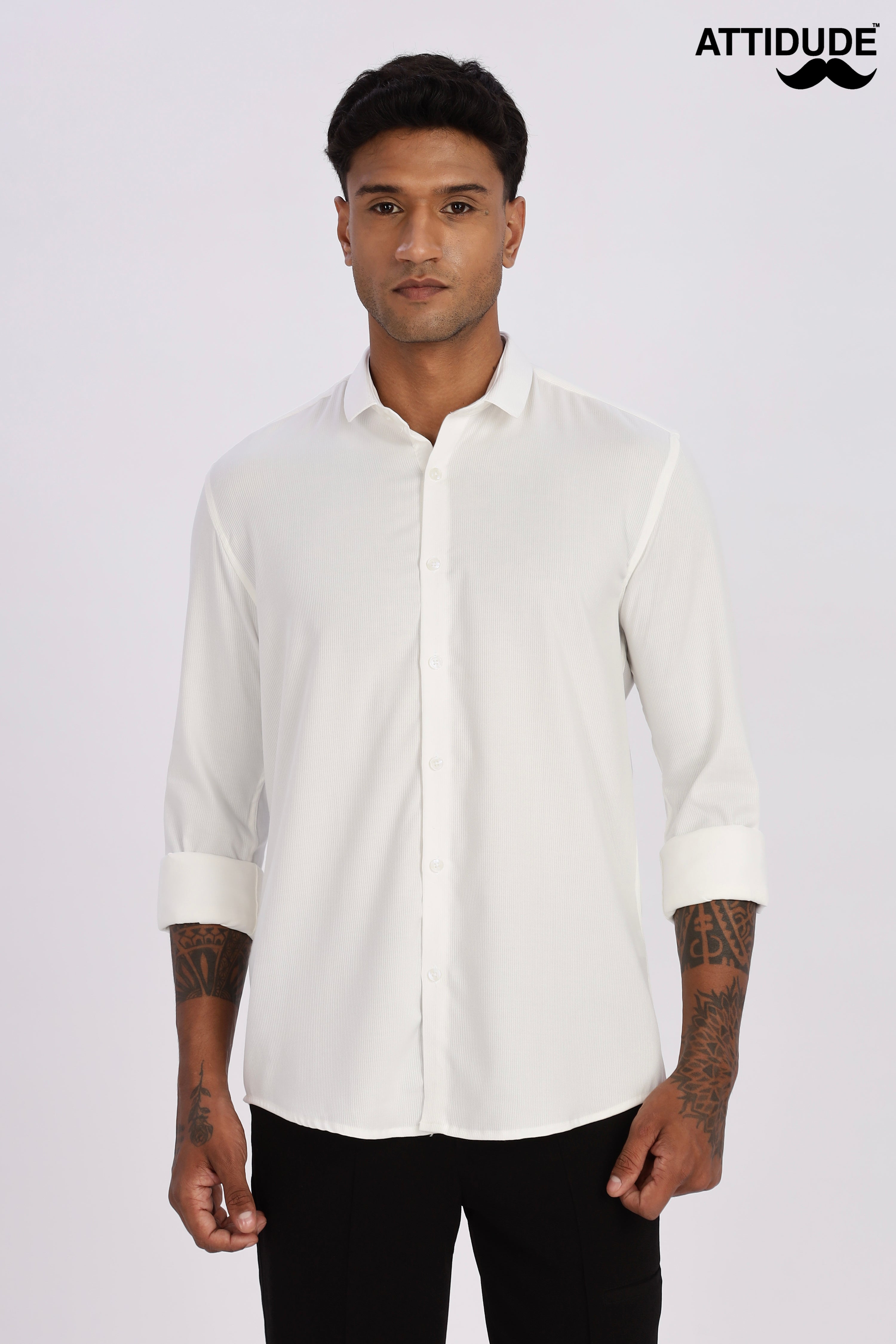 White Mini Cord-Lycra Full Sleeve Shirt
