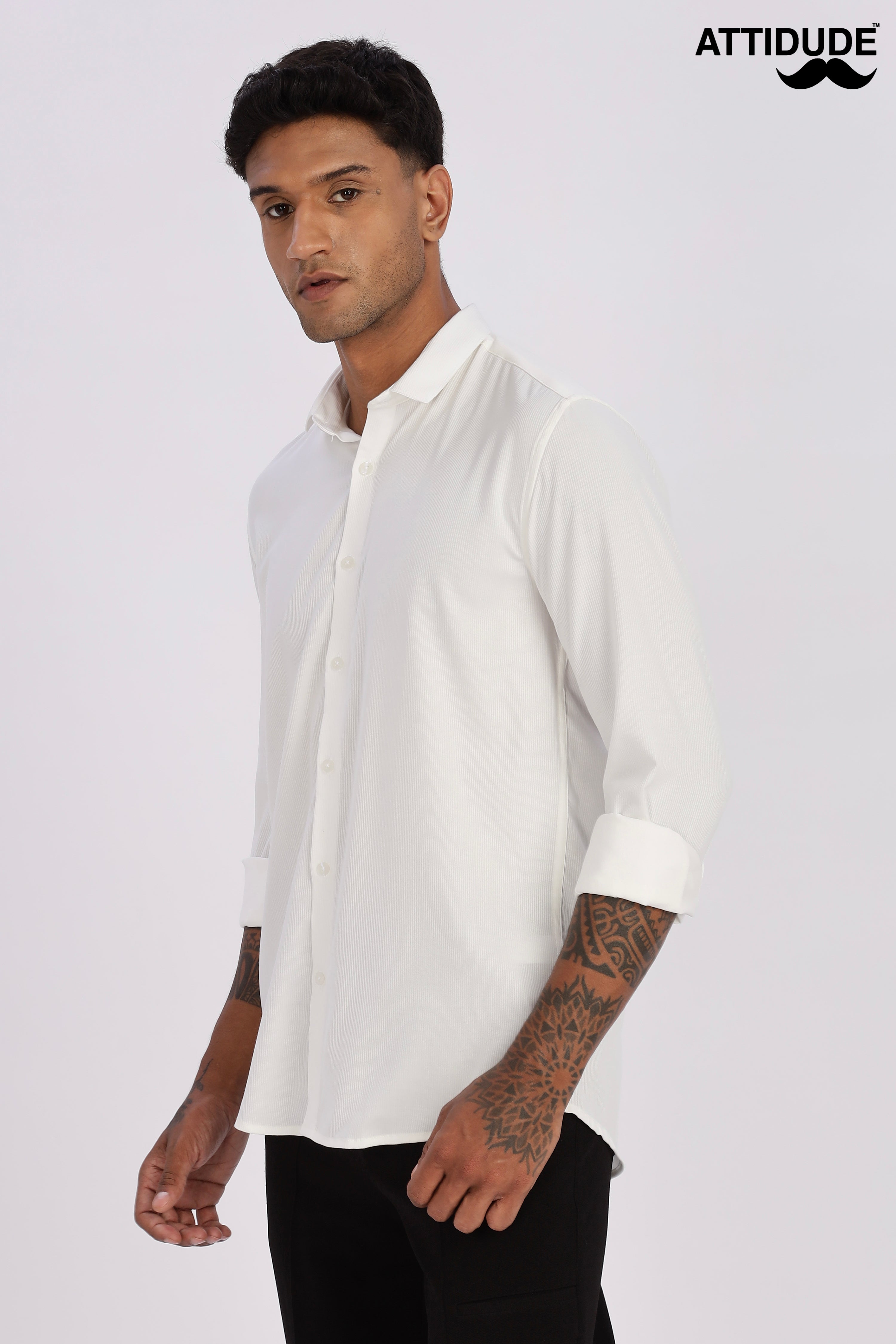 White Mini Cord-Lycra Full Sleeve Shirt