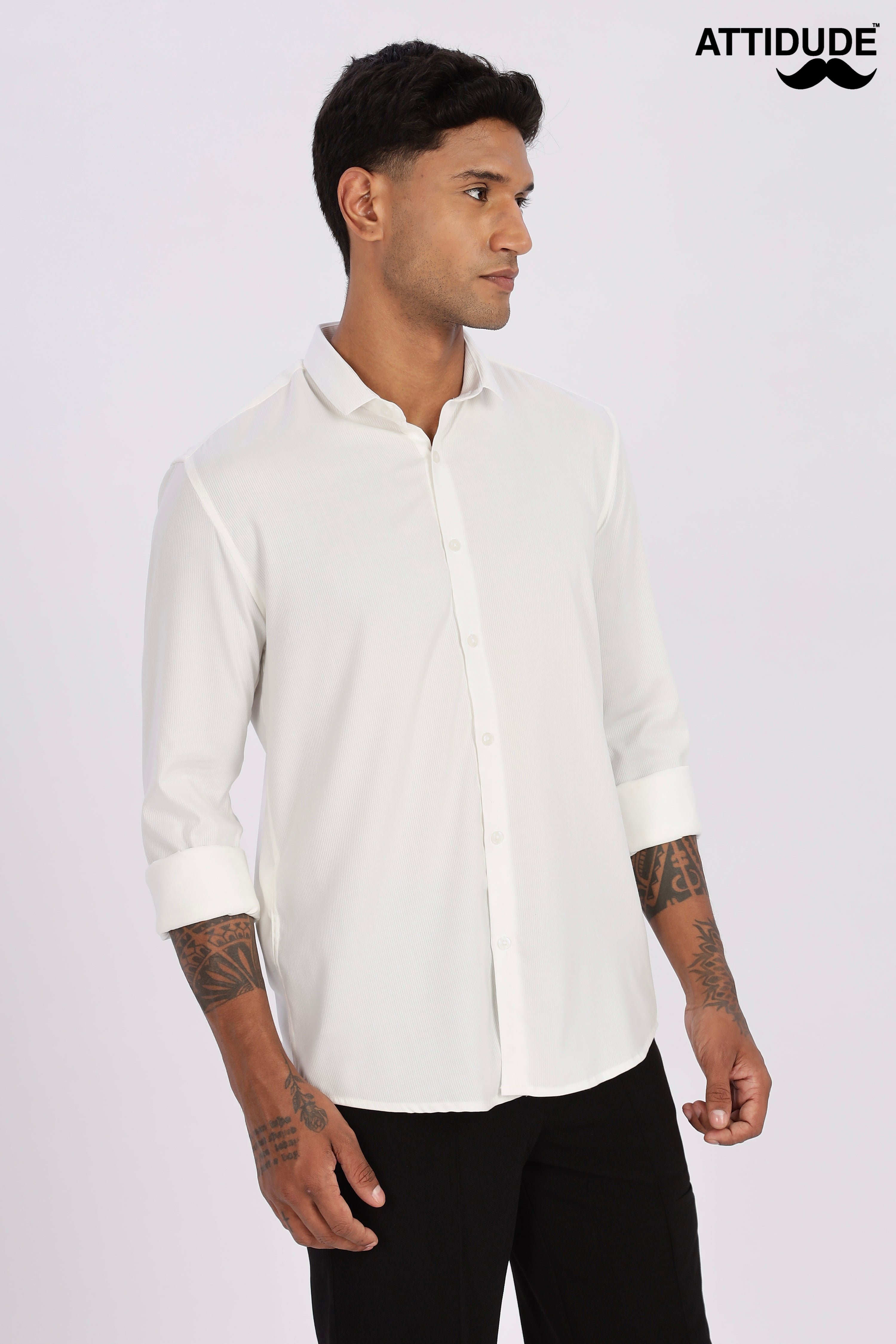 White Mini Cord-Lycra Full Sleeve Shirt