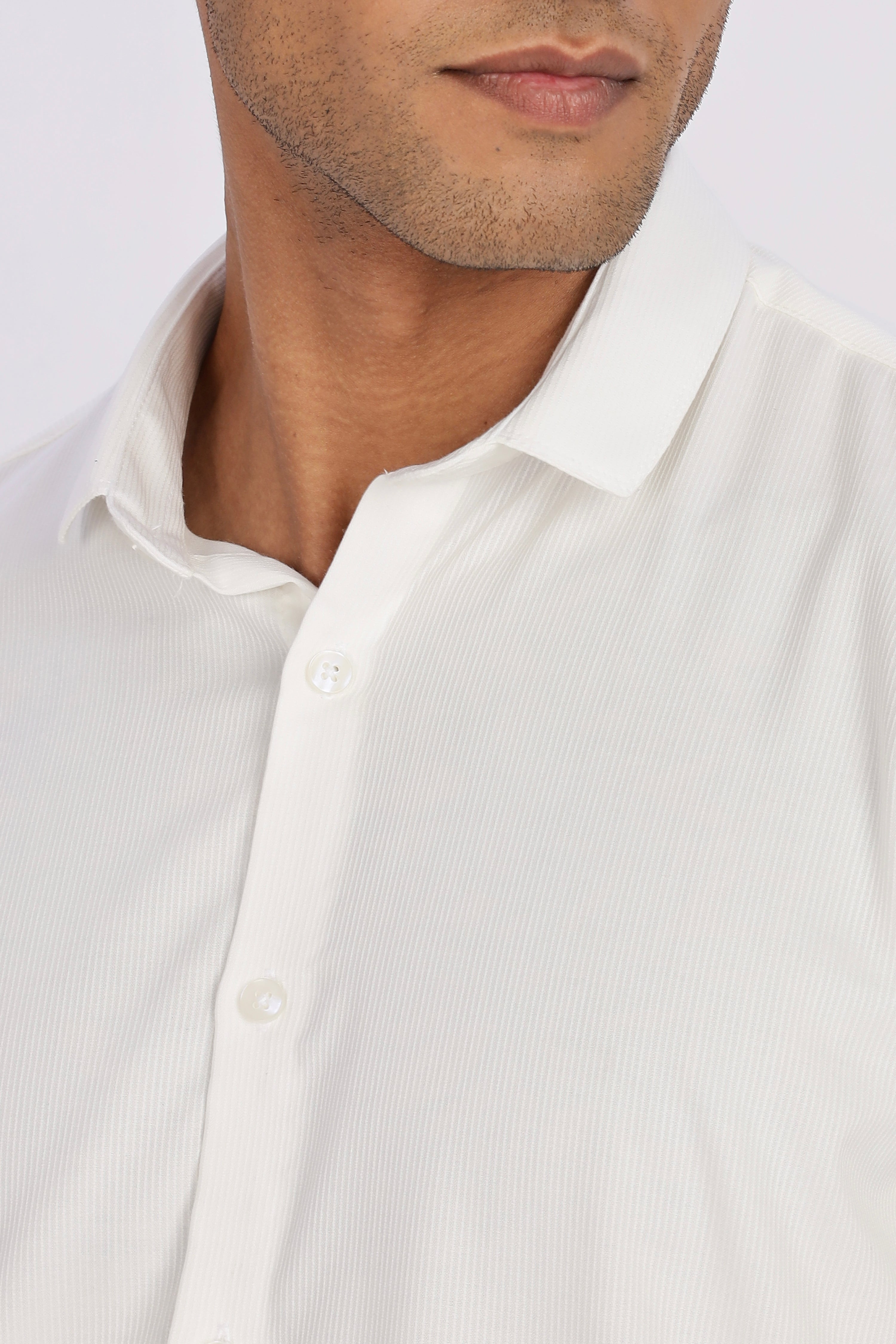 White Mini Cord-Lycra Full Sleeve Shirt