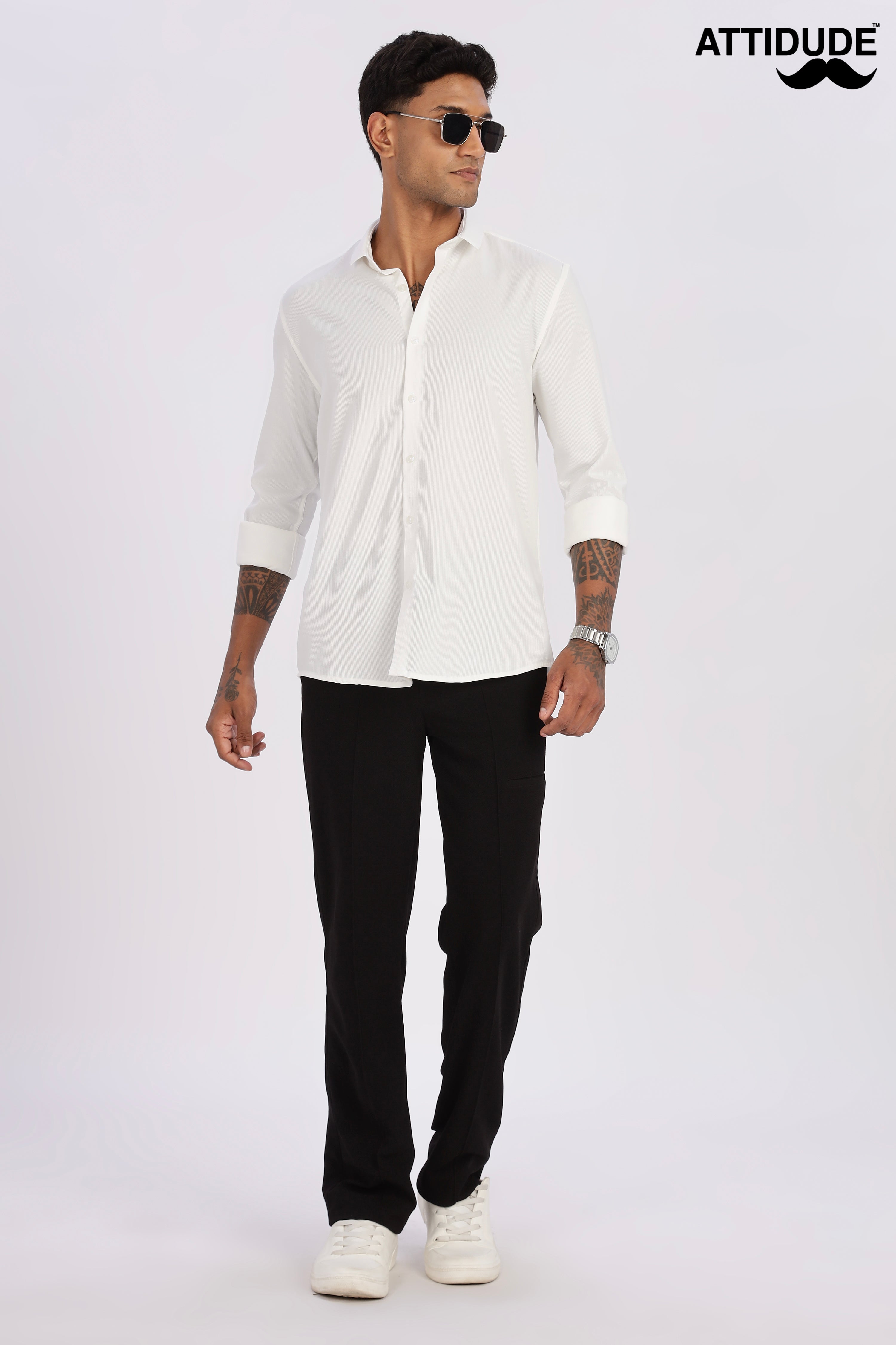 White Mini Cord-Lycra Full Sleeve Shirt