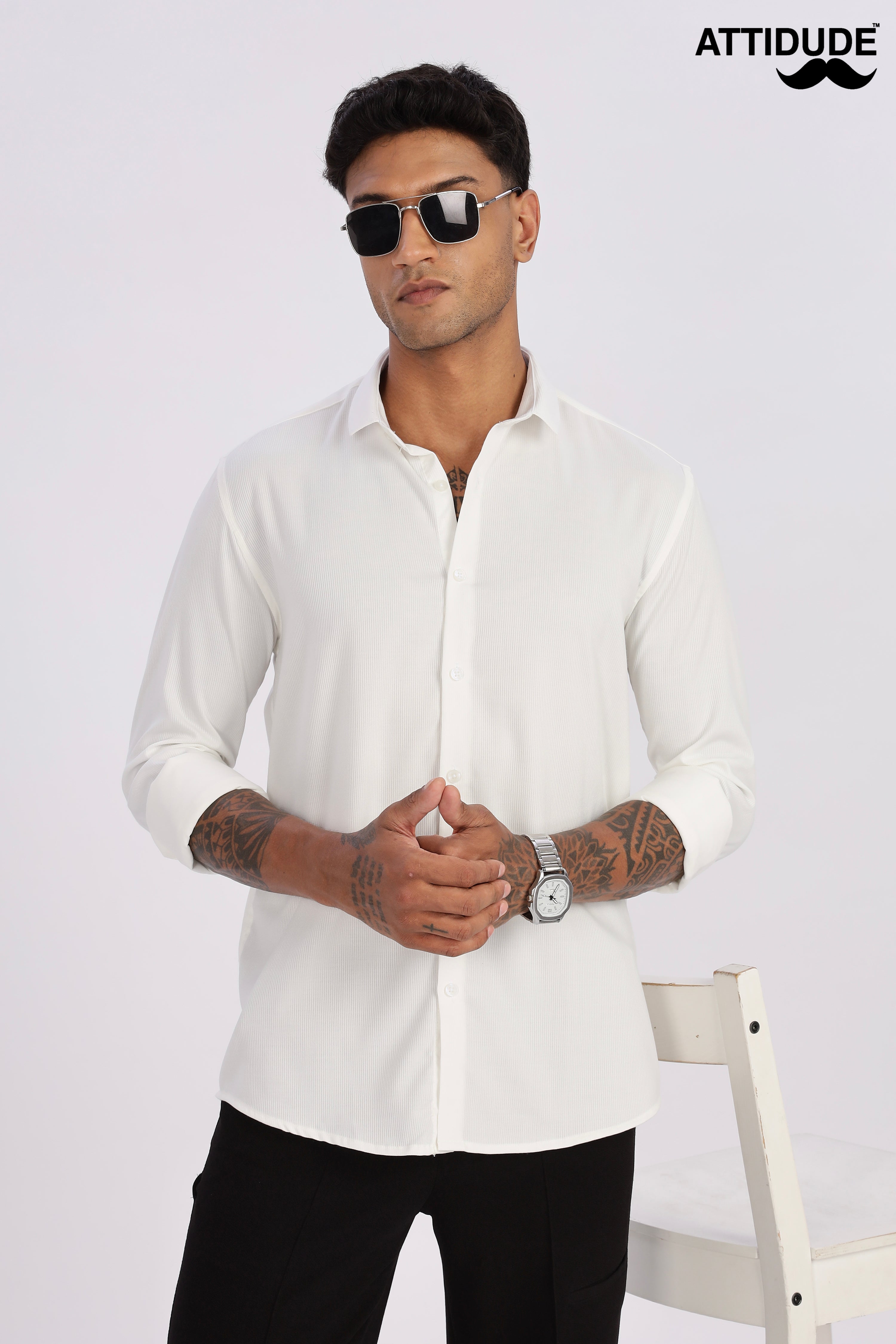 White Mini Cord-Lycra Full Sleeve Shirt