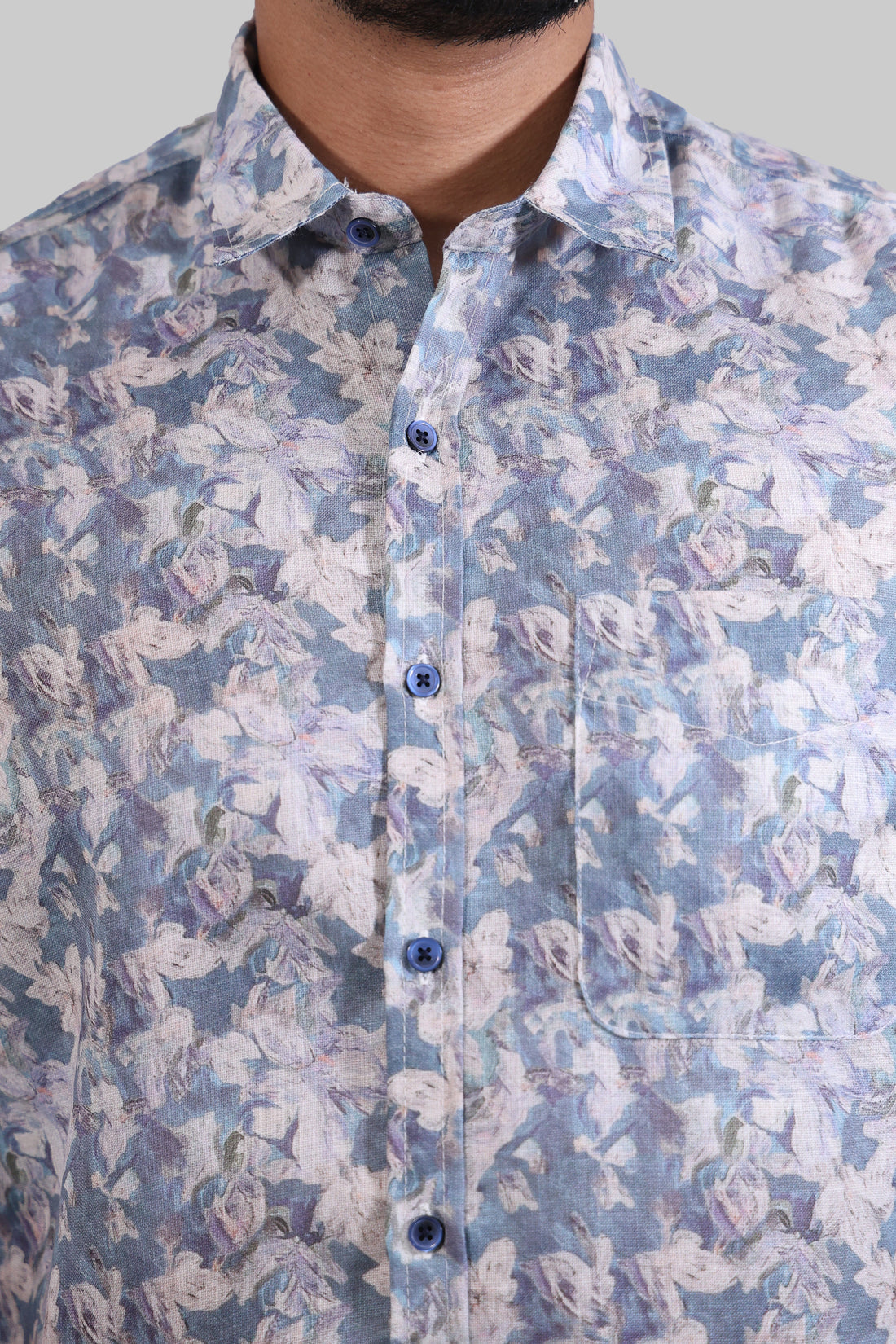 Steel Blue Floral Linen Digital Printed Full Sleeve Shirt