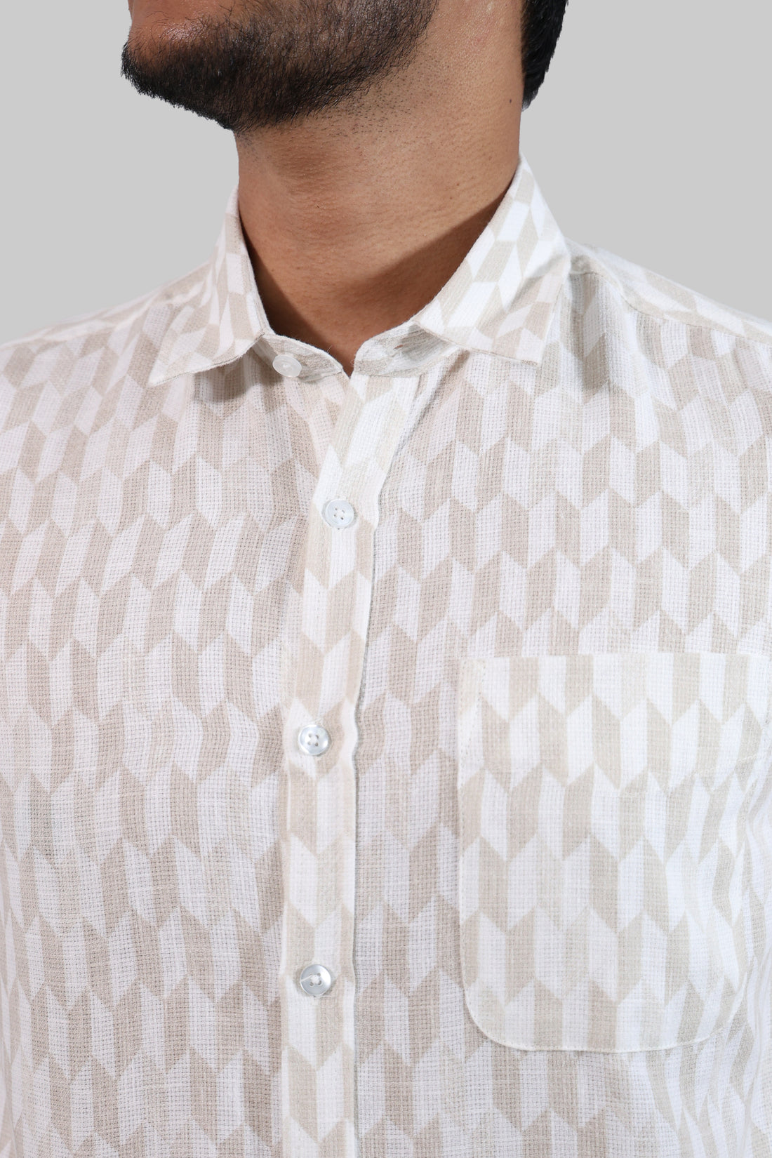 Off-white Herringbone Mocklino Printed Full Sleeve Shirt