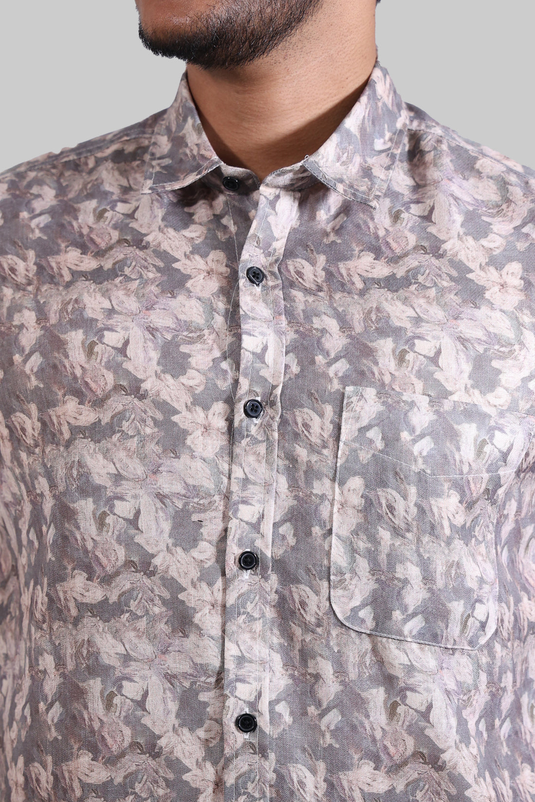 Beige Floral Linen Digital Printed Full Sleeve Shirt