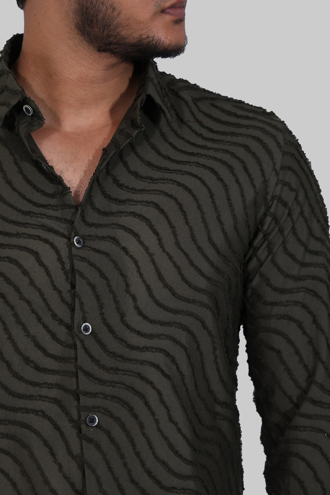 Dark Green Wavy Textured Full Sleeve Shirt