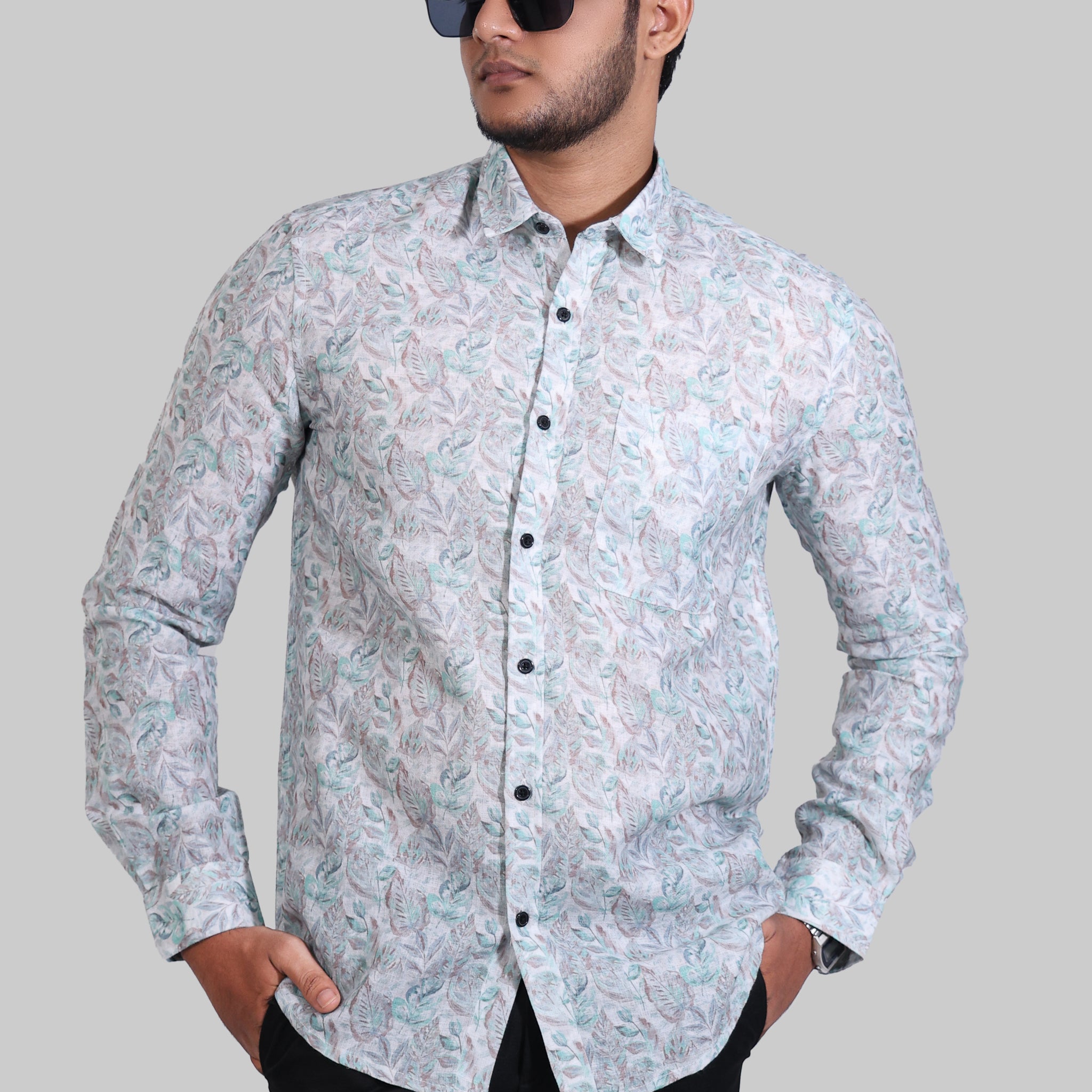 Green Leave Linen Digital Printed Full Sleeve Shirt