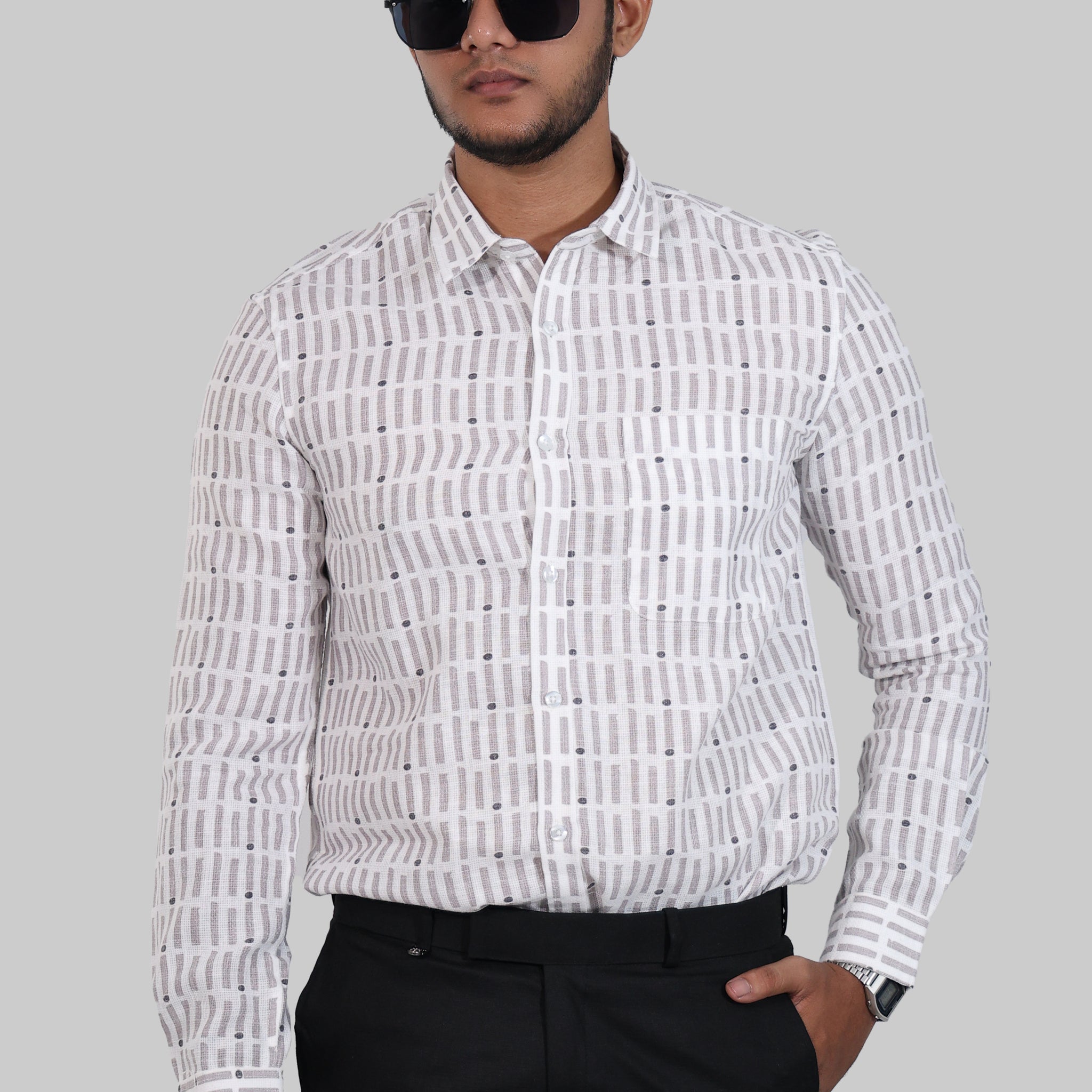 Taupe Dot Stripe Mocklino Printed Full Sleeve Shirt