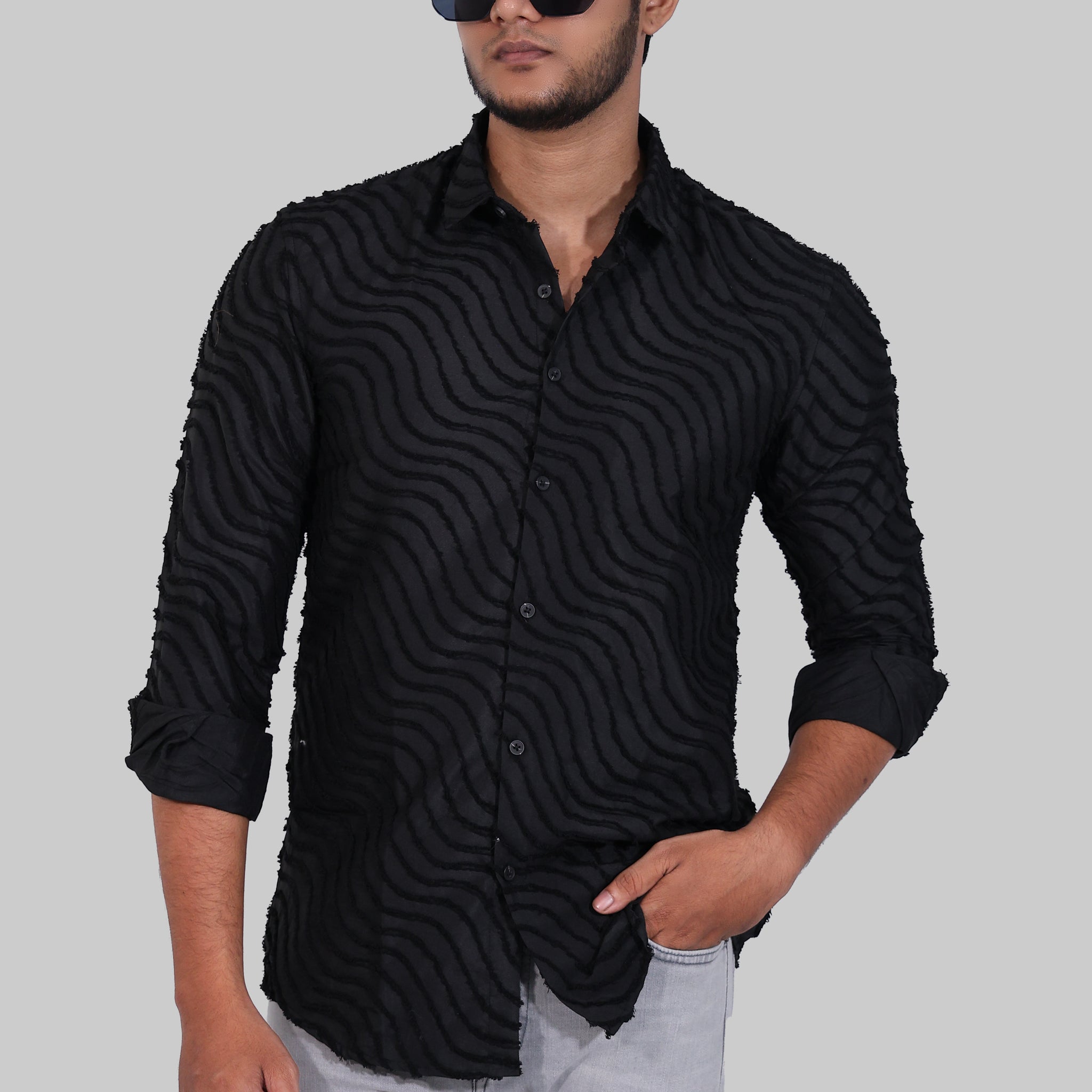 Black Wavy Textured Full Sleeve Shirt