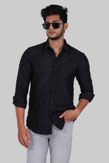 Black Wavy Textured Full Sleeve Shirt