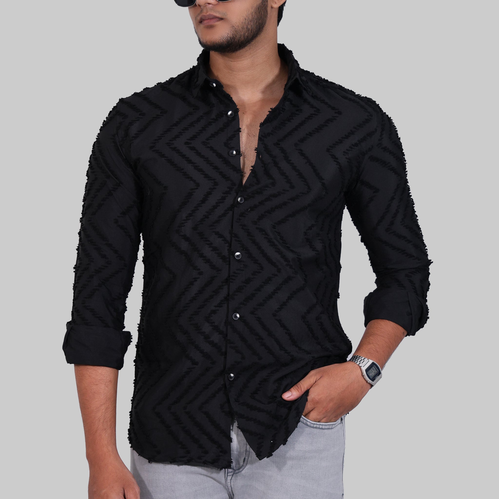 Black Zig Zag Textured Full Sleeve Shirts