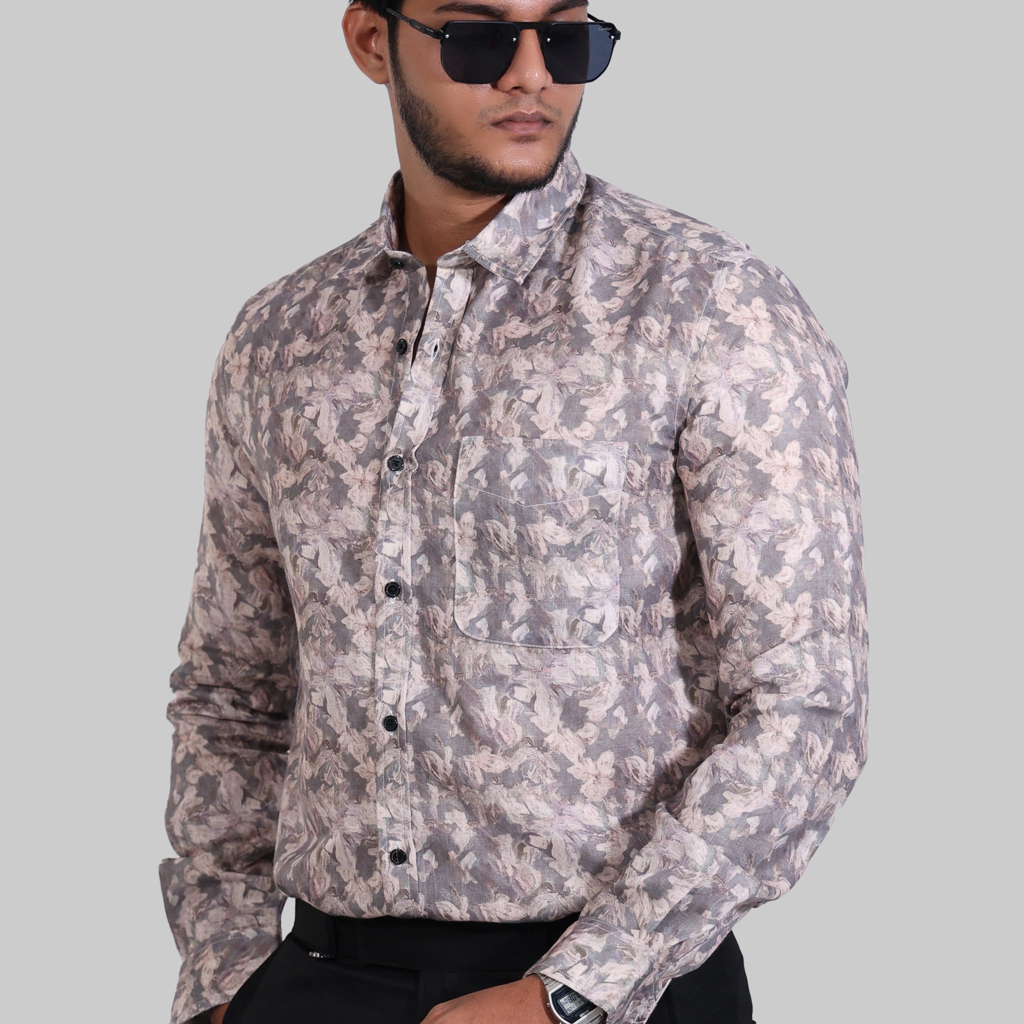 Beige Floral Linen Digital Printed Full Sleeve Shirt