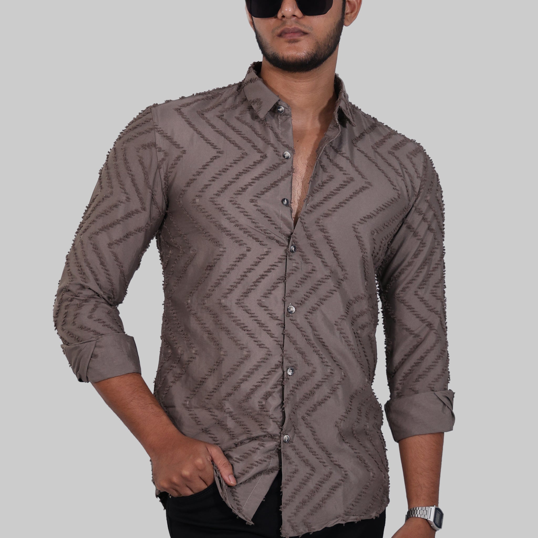 Beige Zig Zag Textured Full Sleeve Shirts
