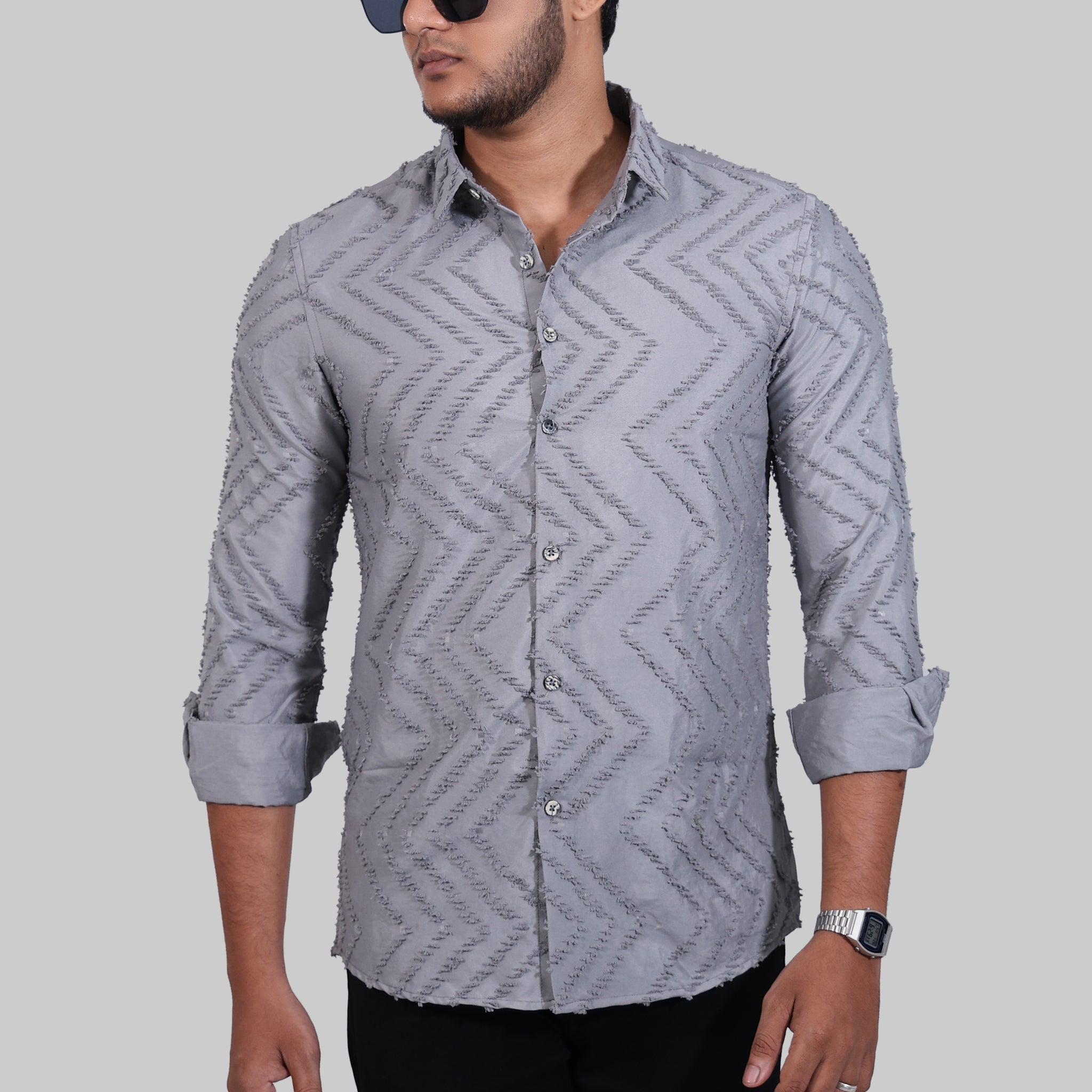 Grey Zig Zag Textured Full Sleeve Shirt