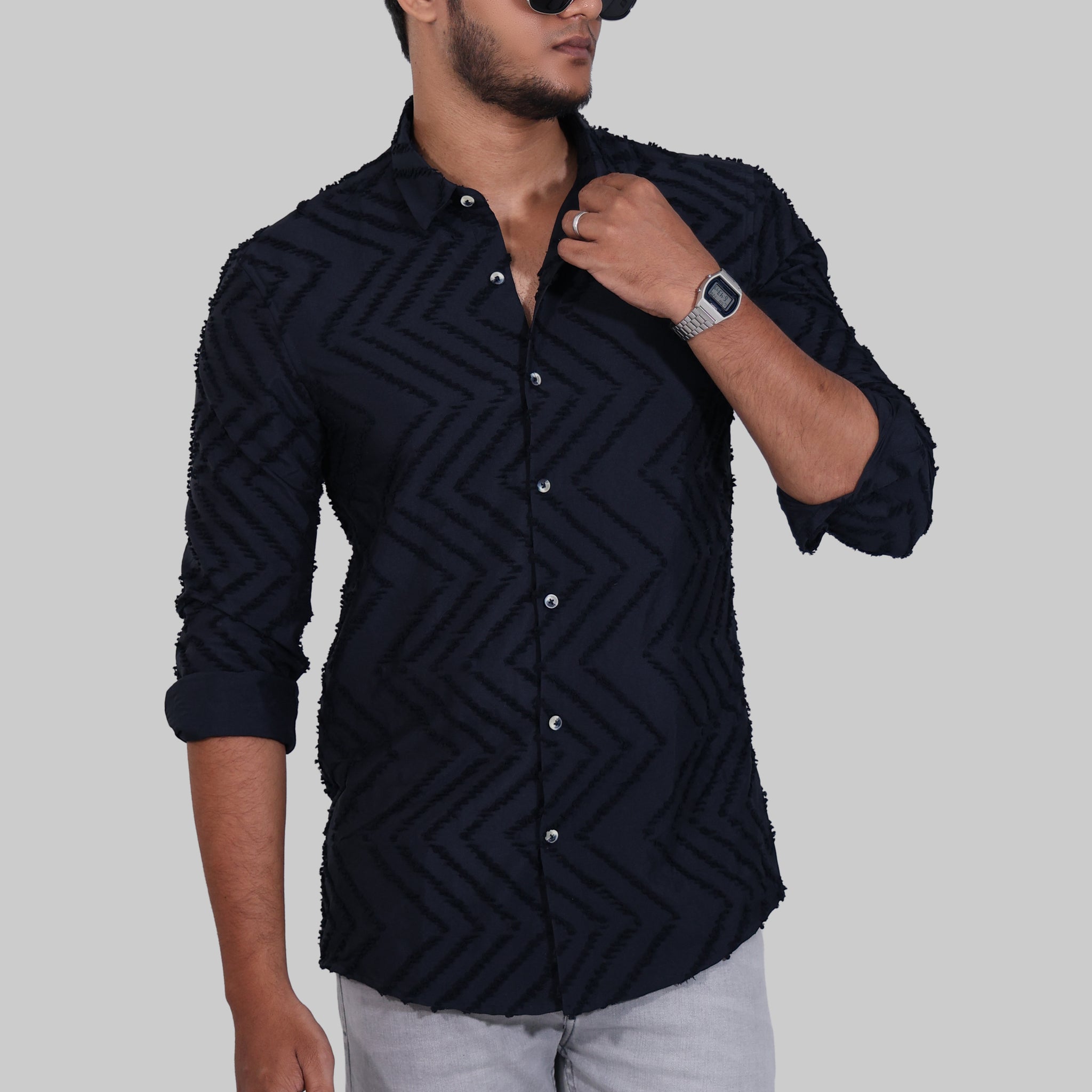 Navy Blue Zig Zag Textured Full Sleeve Shirt