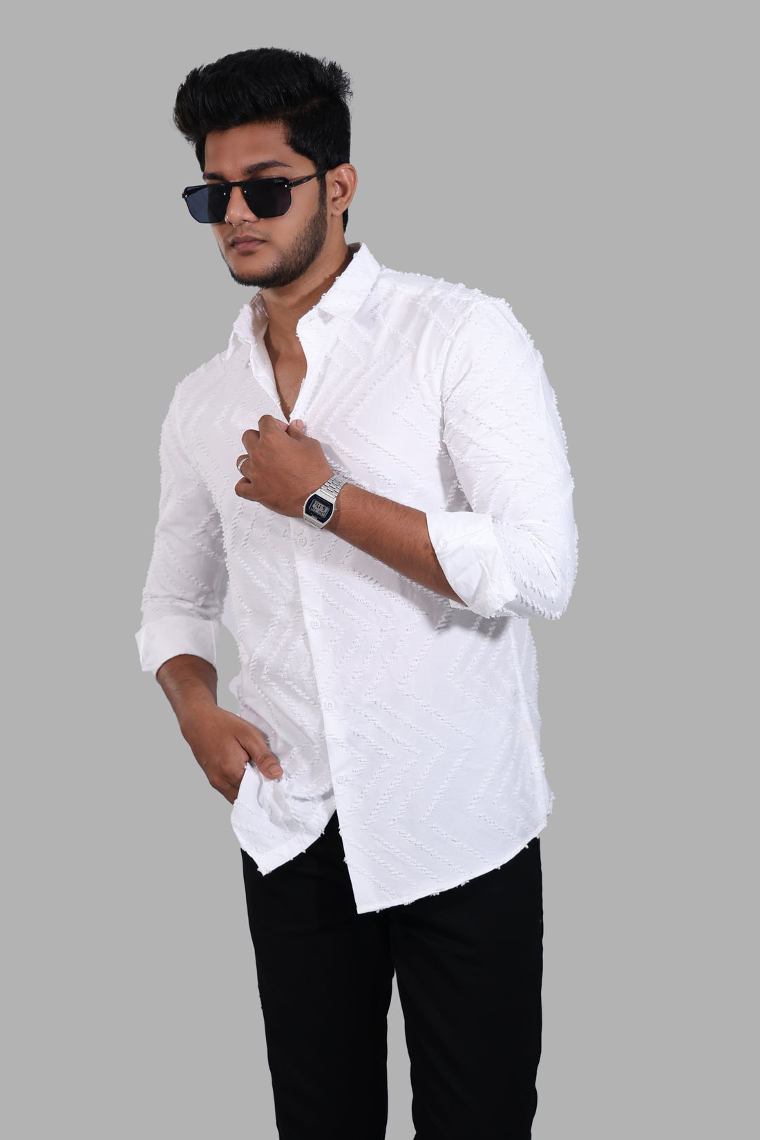 White Zig Zag Textured Full Sleeve Shirts