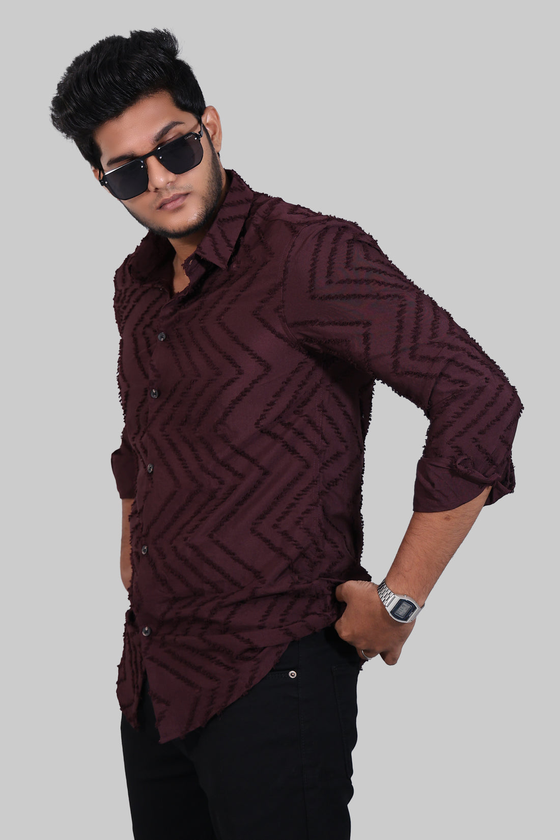 Maroon Zig Zag Textured Full Sleeve Shirts