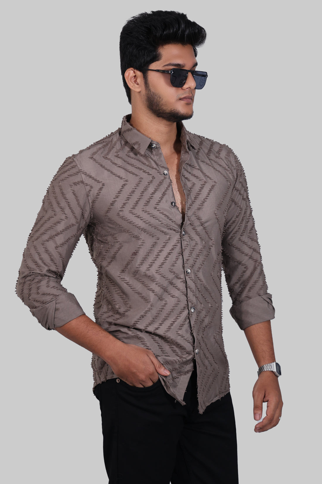 Beige Zig Zag Textured Full Sleeve Shirts