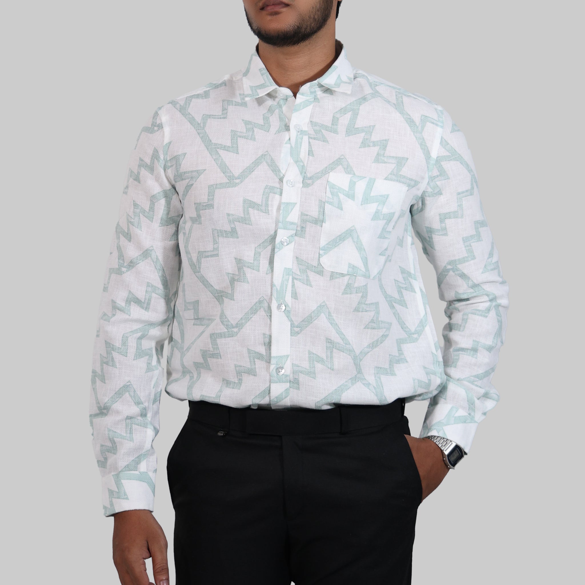Green Chevron Mock lino Printed Full Sleeve Shirt