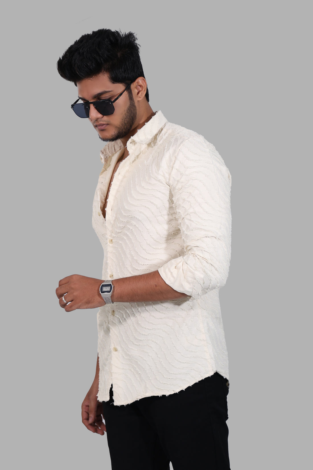 Off-White Wave Textured Full Sleeve Shirts