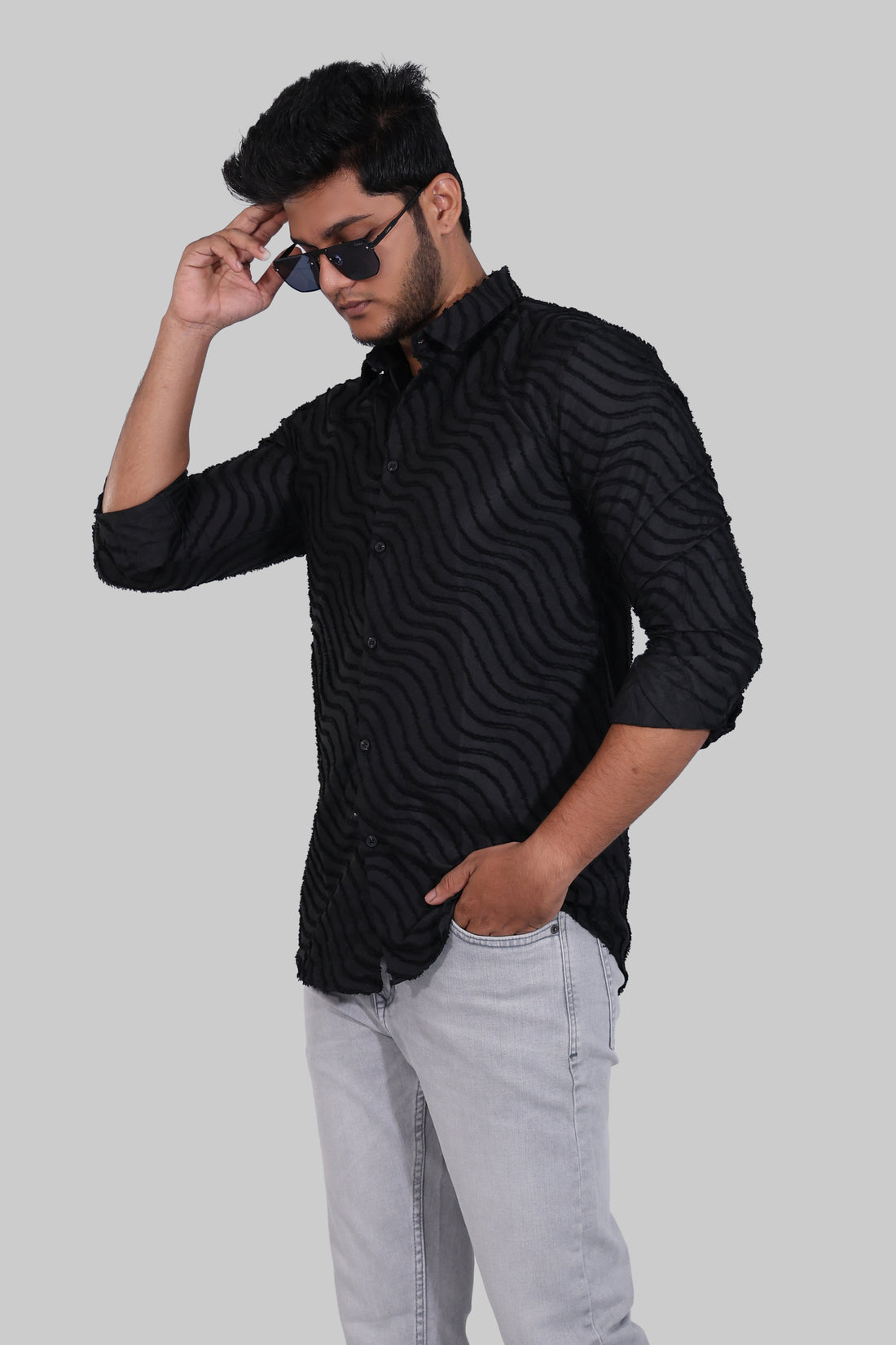Black Wavy Textured Full Sleeve Shirt