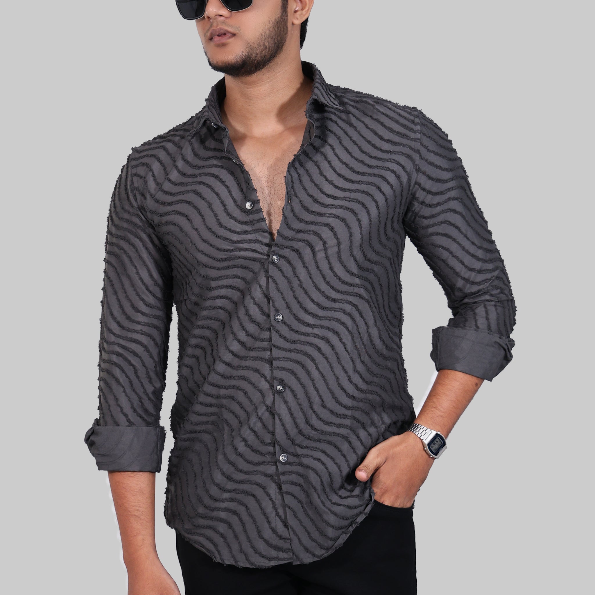 Charcoal Grey Wave Textured Full Sleeve Shirts