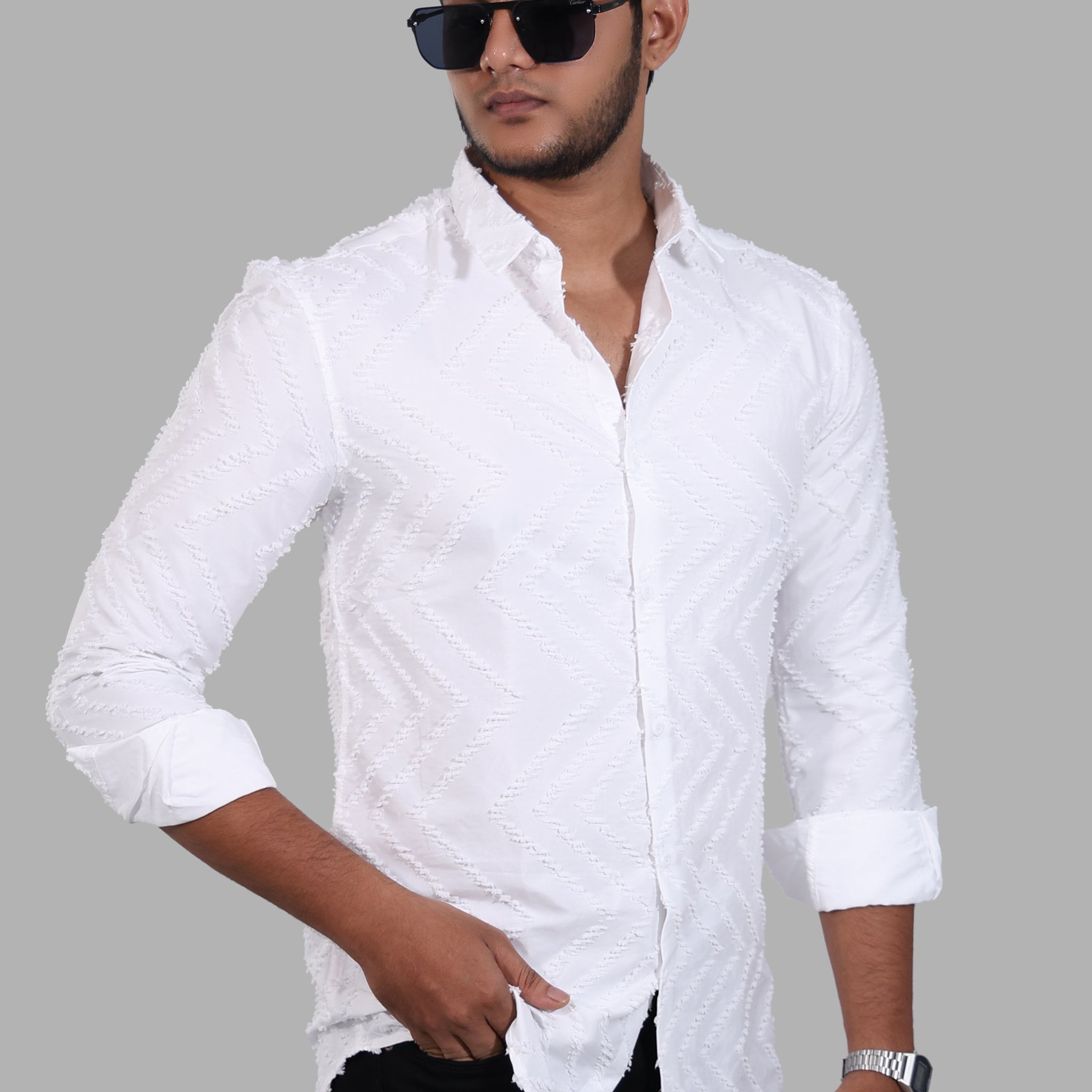 White Zig Zag Textured Full Sleeve Shirts