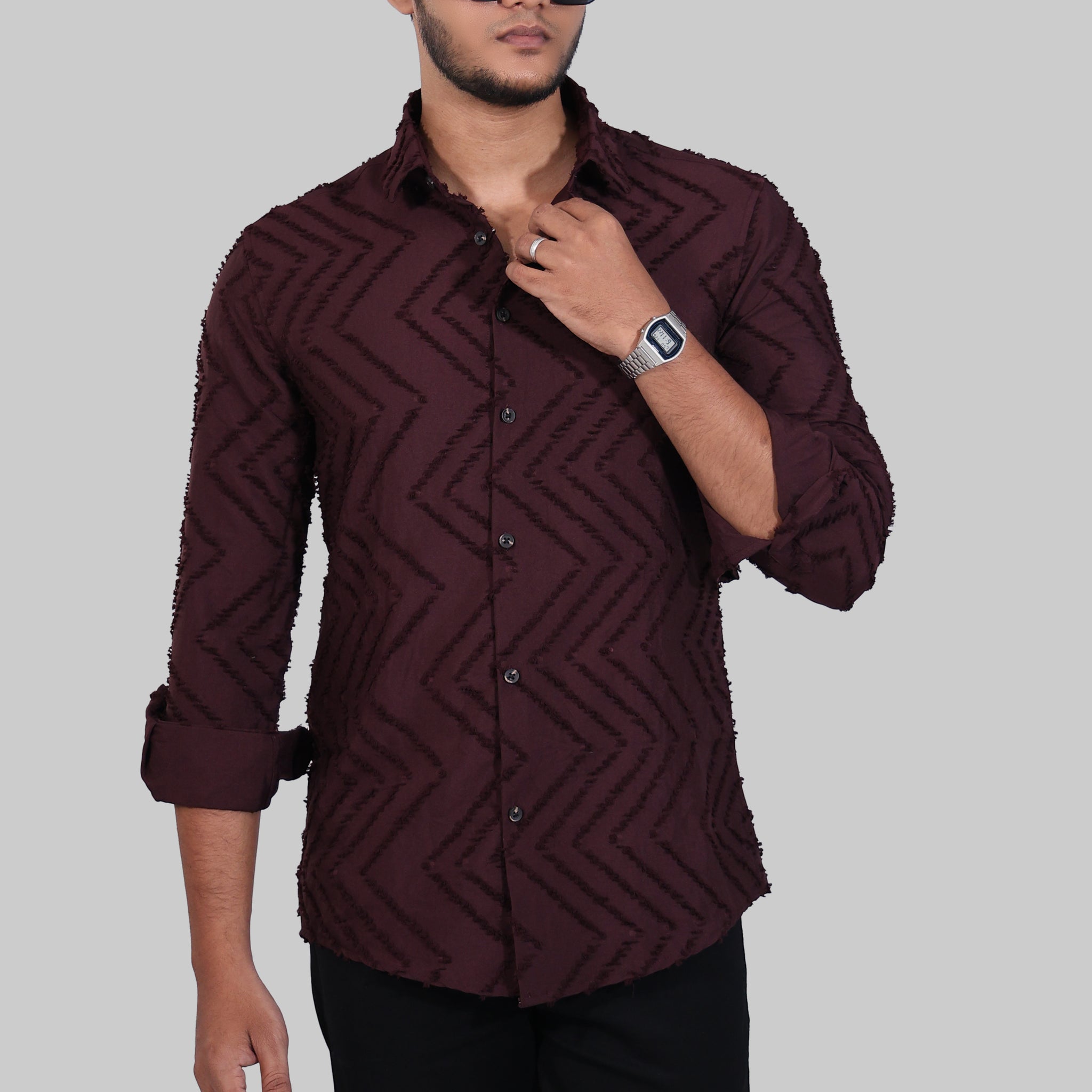 Maroon Zig Zag Textured Full Sleeve Shirts