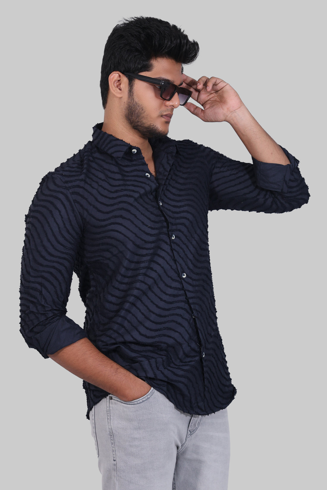 Navy Blue Wave Textured Full Sleeve Shirts