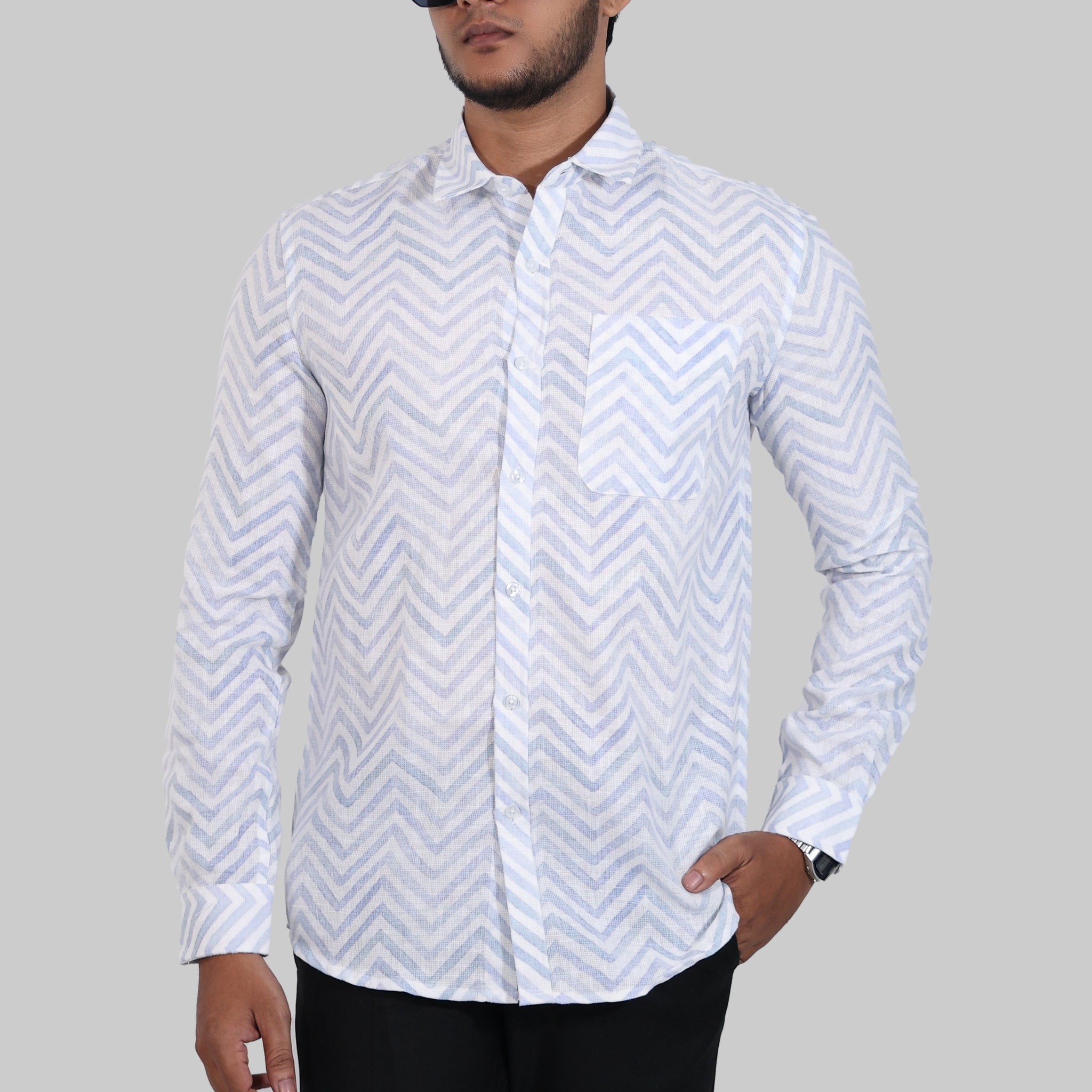 Blue Zig Zag Mock lino Printed Full Sleeve Shirt