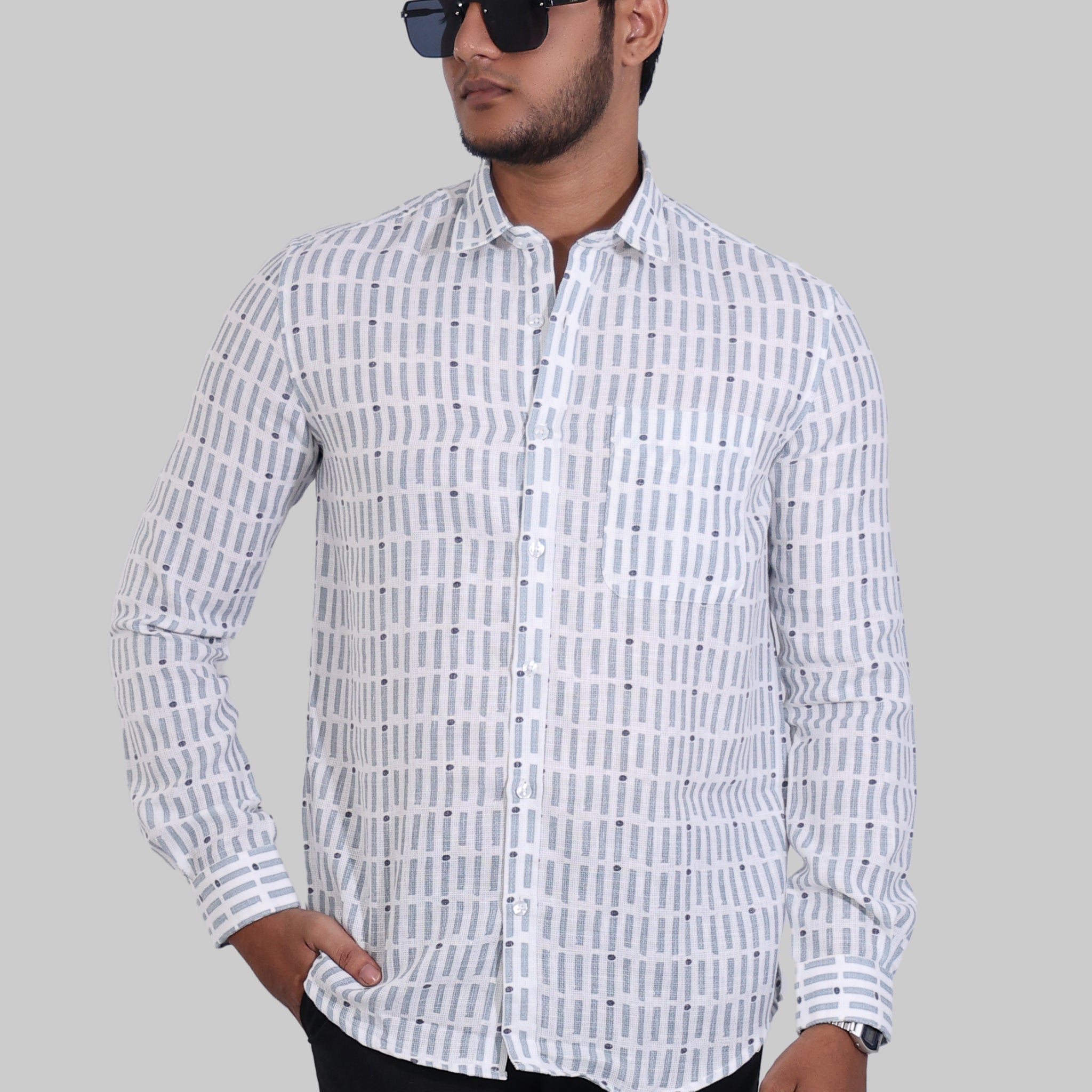 Blue Dot Stripe Mock lino Printed Full Sleeve Shirt