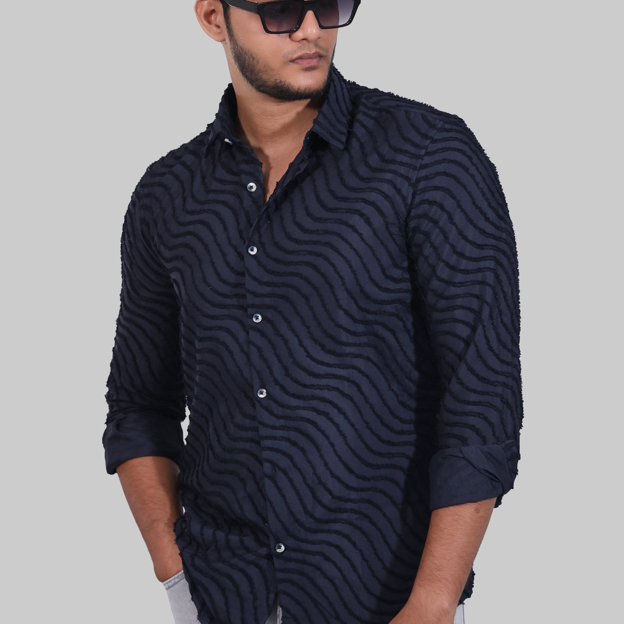 Navy Blue Wave Textured Full Sleeve Shirts