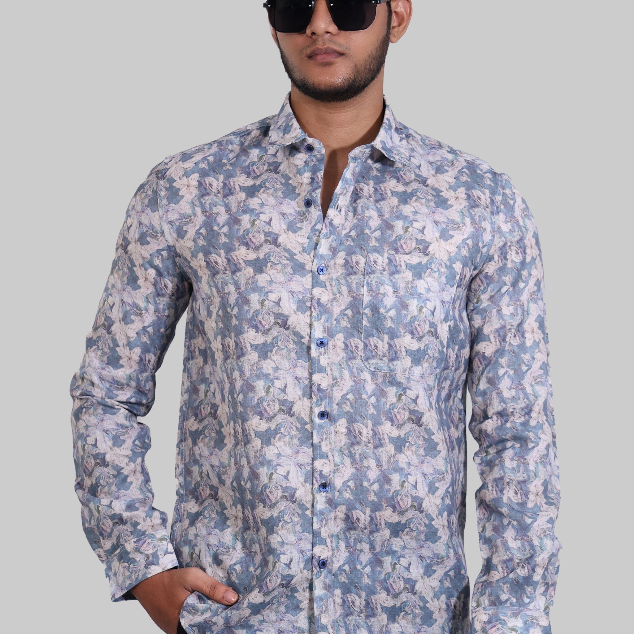Steel Blue Floral Linen Digital Printed Full Sleeve Shirt
