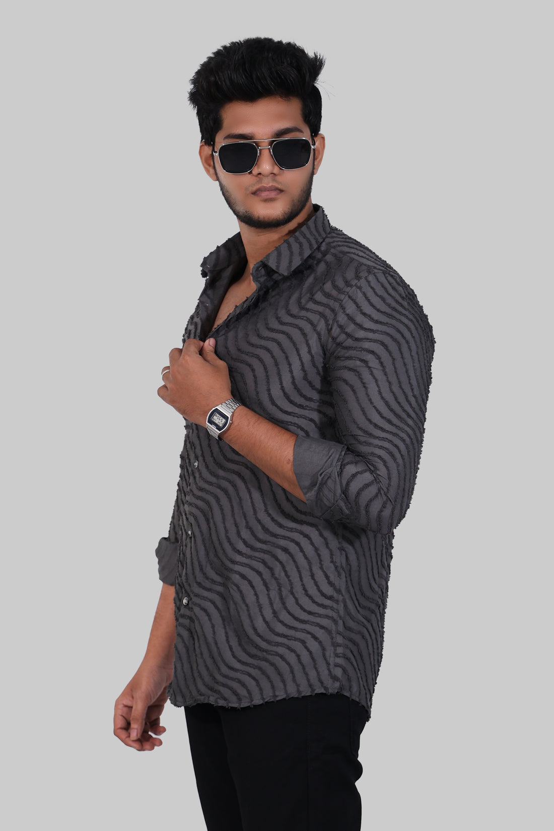 Charcoal Grey Wave Textured Full Sleeve Shirts