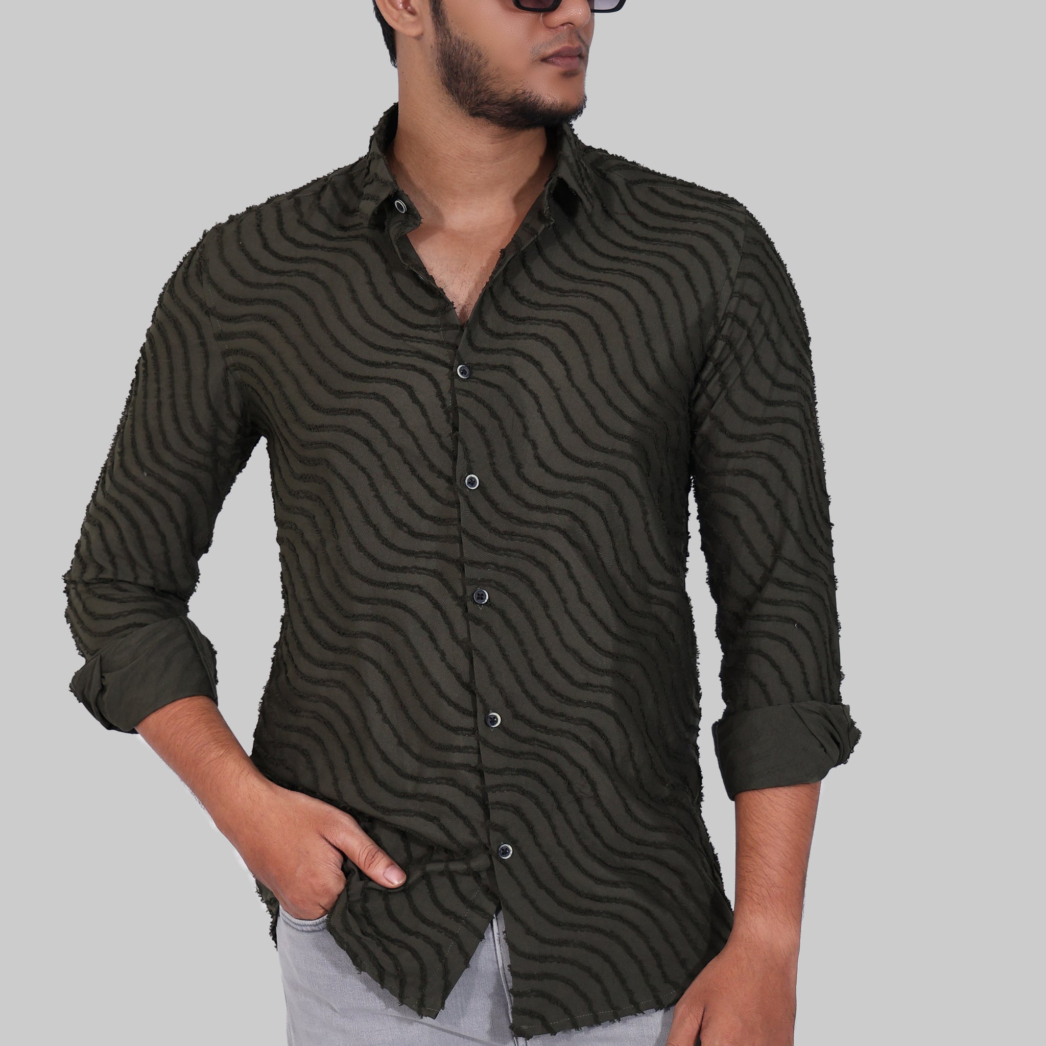 Dark Green Wavy Textured Full Sleeve Shirt
