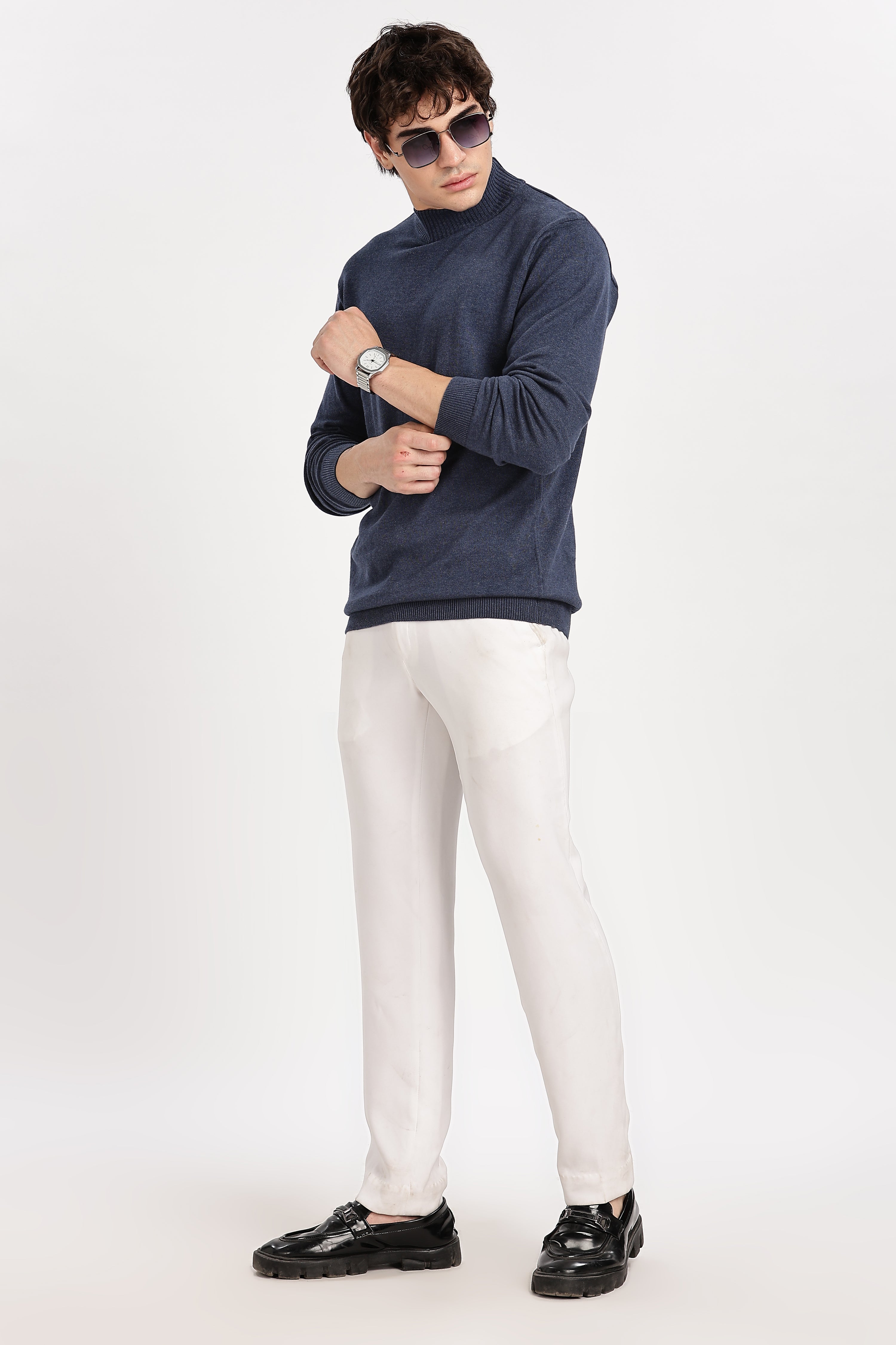 Denim Blue Men's Solid High Neck Sweater
